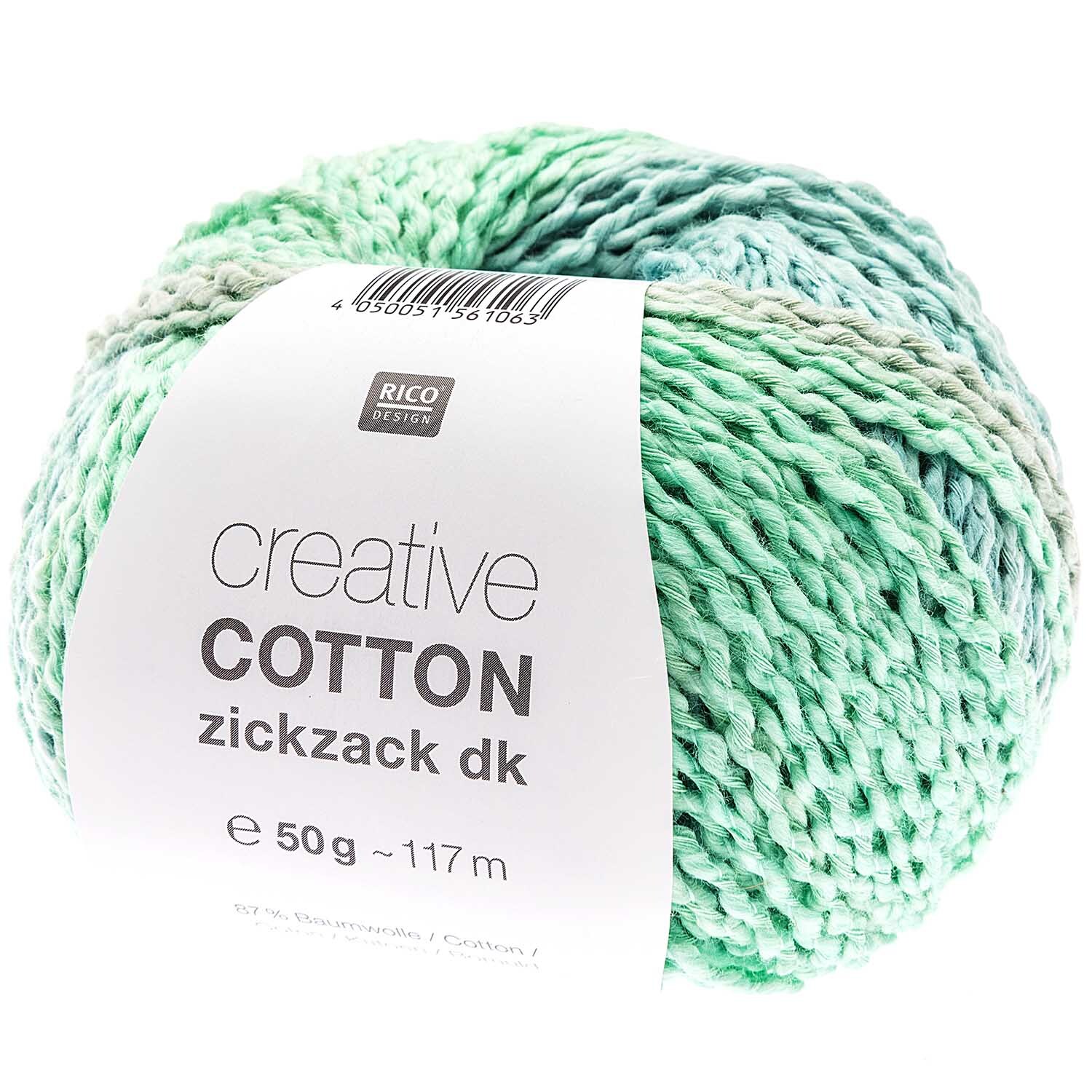 Creative Cotton Zickzack von Rico Design in Türkis, 50g Knäuel mit 117m Länge, ideal für Strickprojekte.