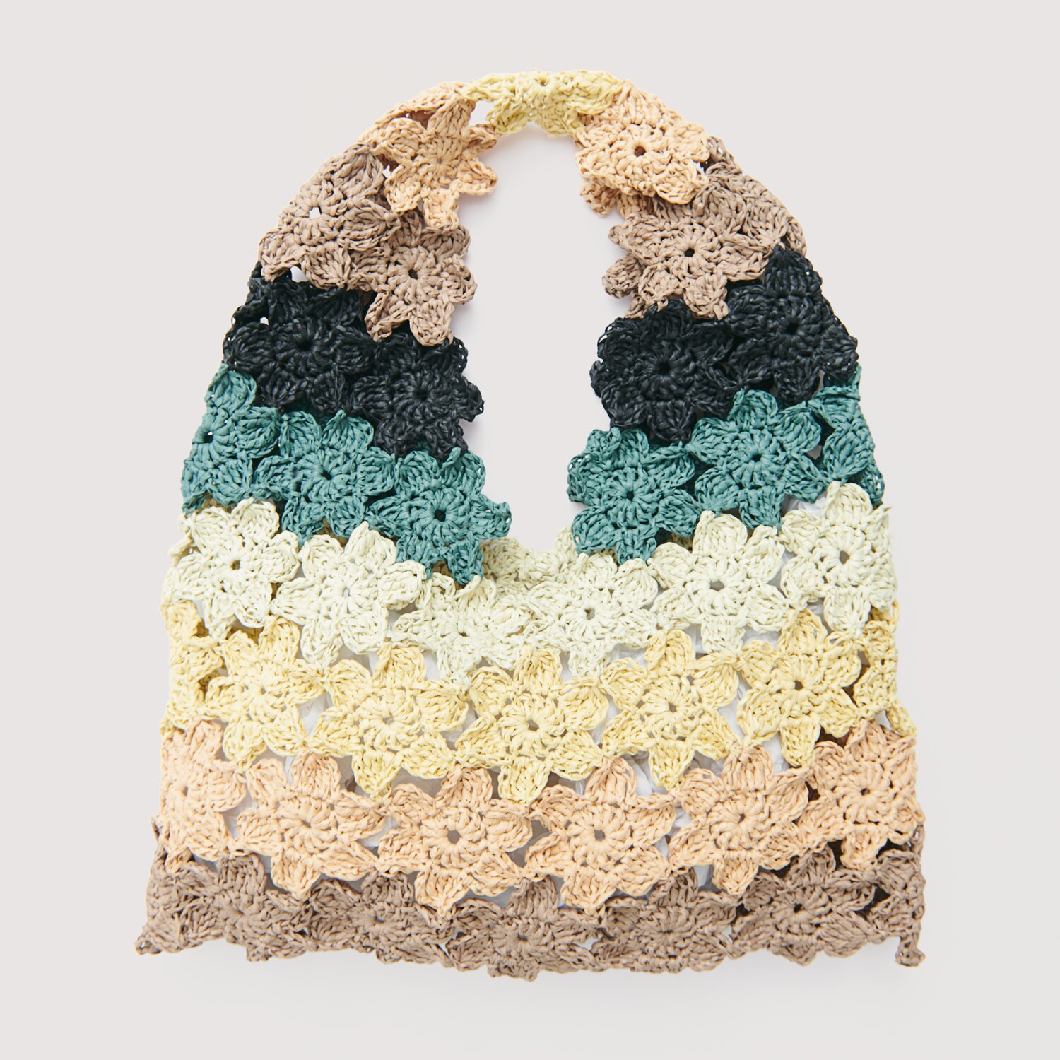 Häkelset Tasche Modell 05 A aus Die Neue Masche No. 15, bunte gehäkelte Tasche mit Blumenmuster in Erdtönen.