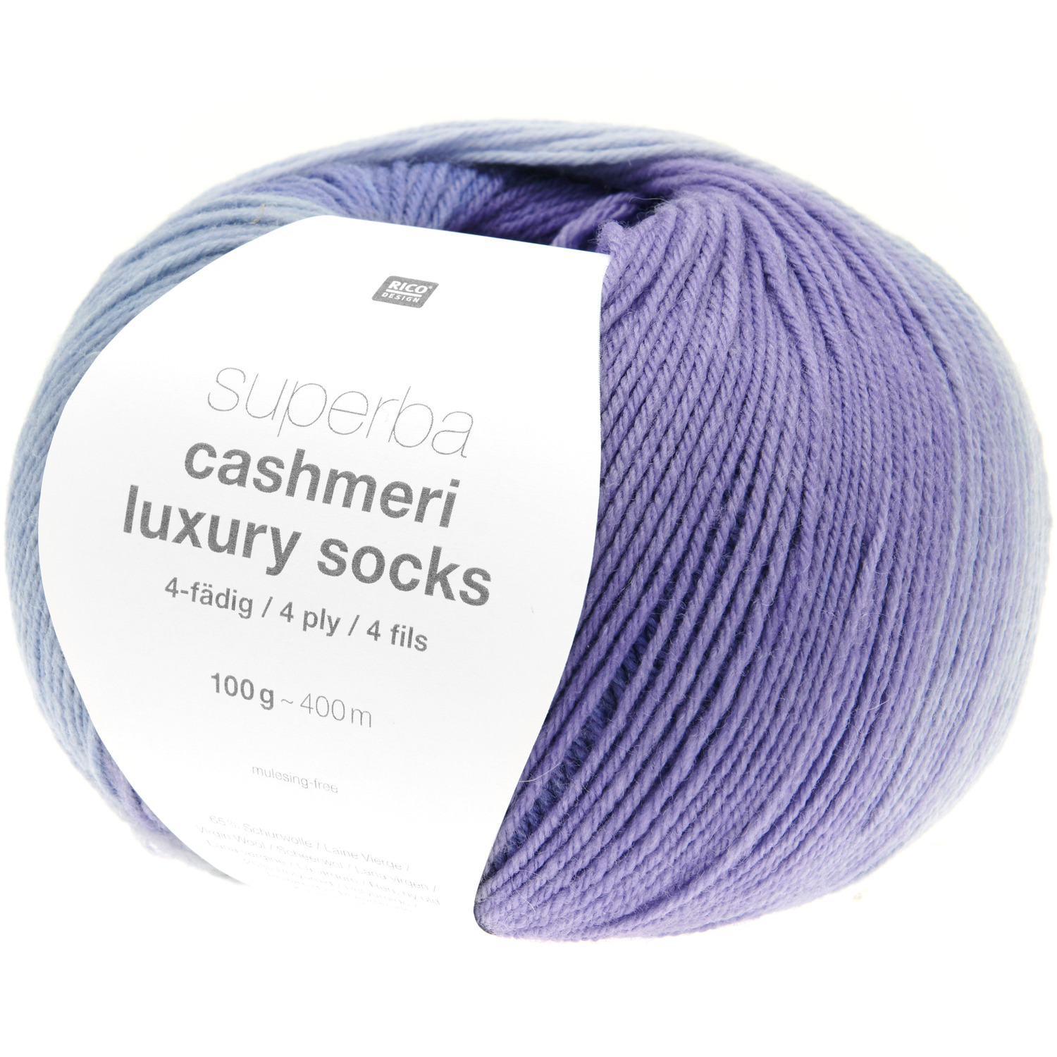 Superba Cashmeri Luxury Socks 4fädig, violettes Garn von Rico Design, 100g, 400m, ideal für luxuriöse Strickprojekte.