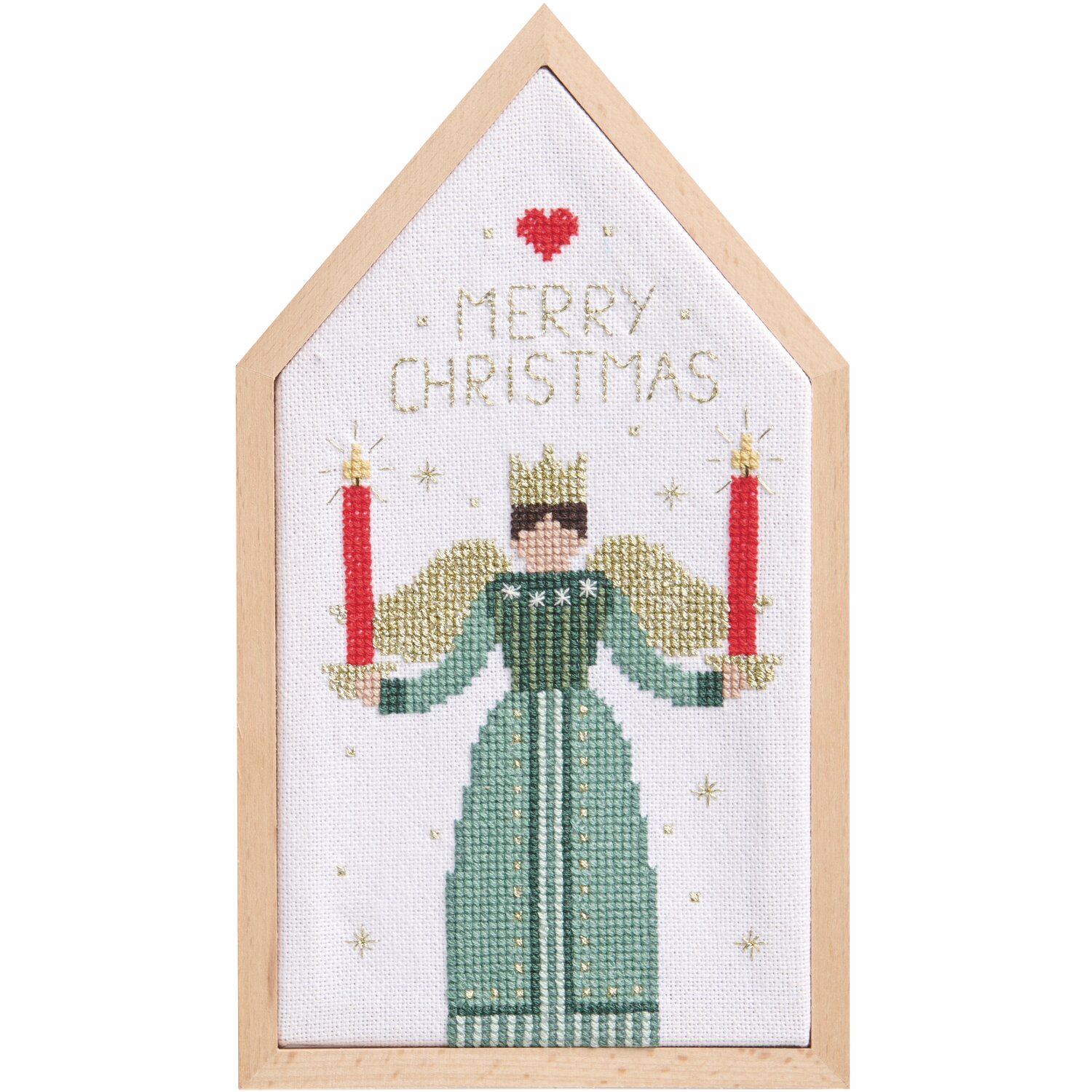 Stickpackung Engel von Rico Design zeigt einen Engel mit Kerzen und "Merry Christmas"-Text.