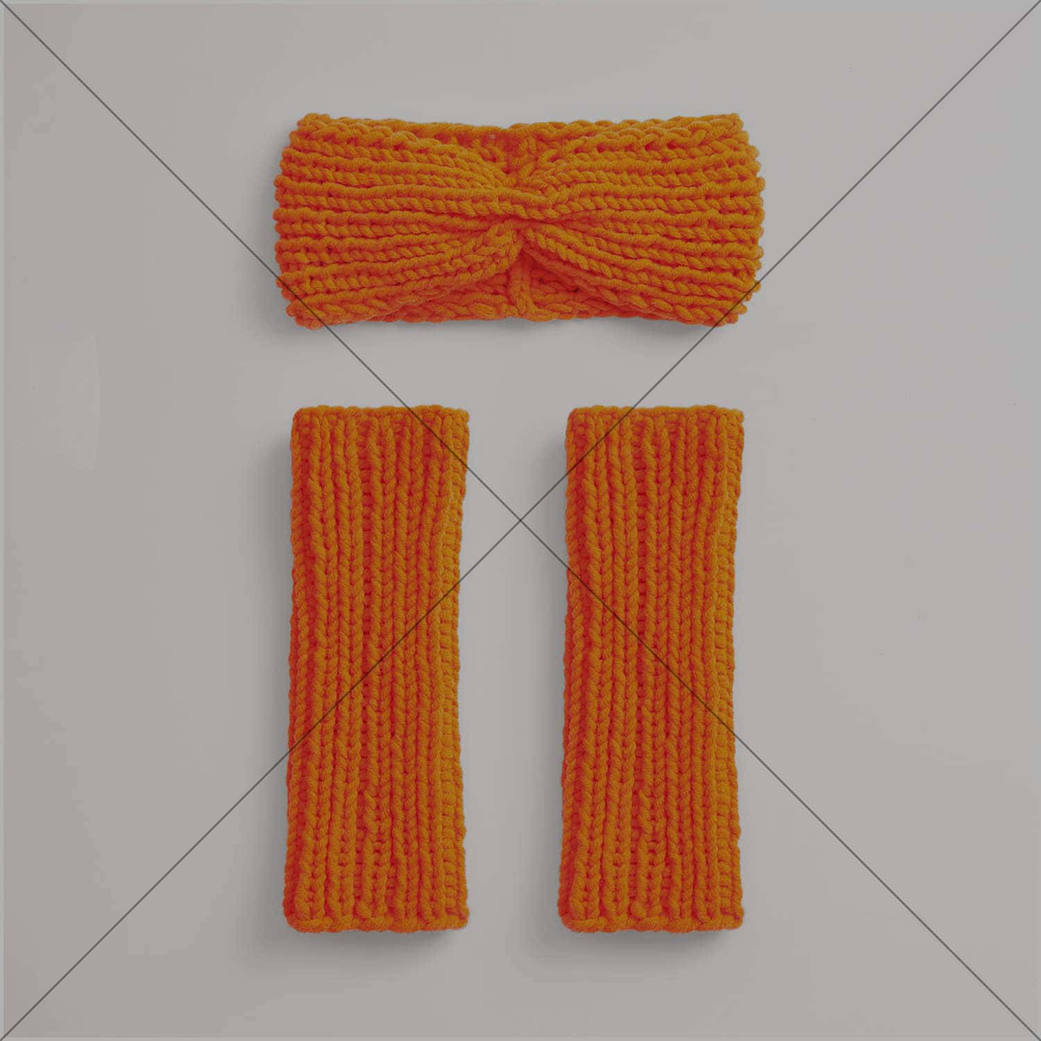 Orangefarbene Stulpen+Stirnband auf grauem Hintergrund – ausverkauft