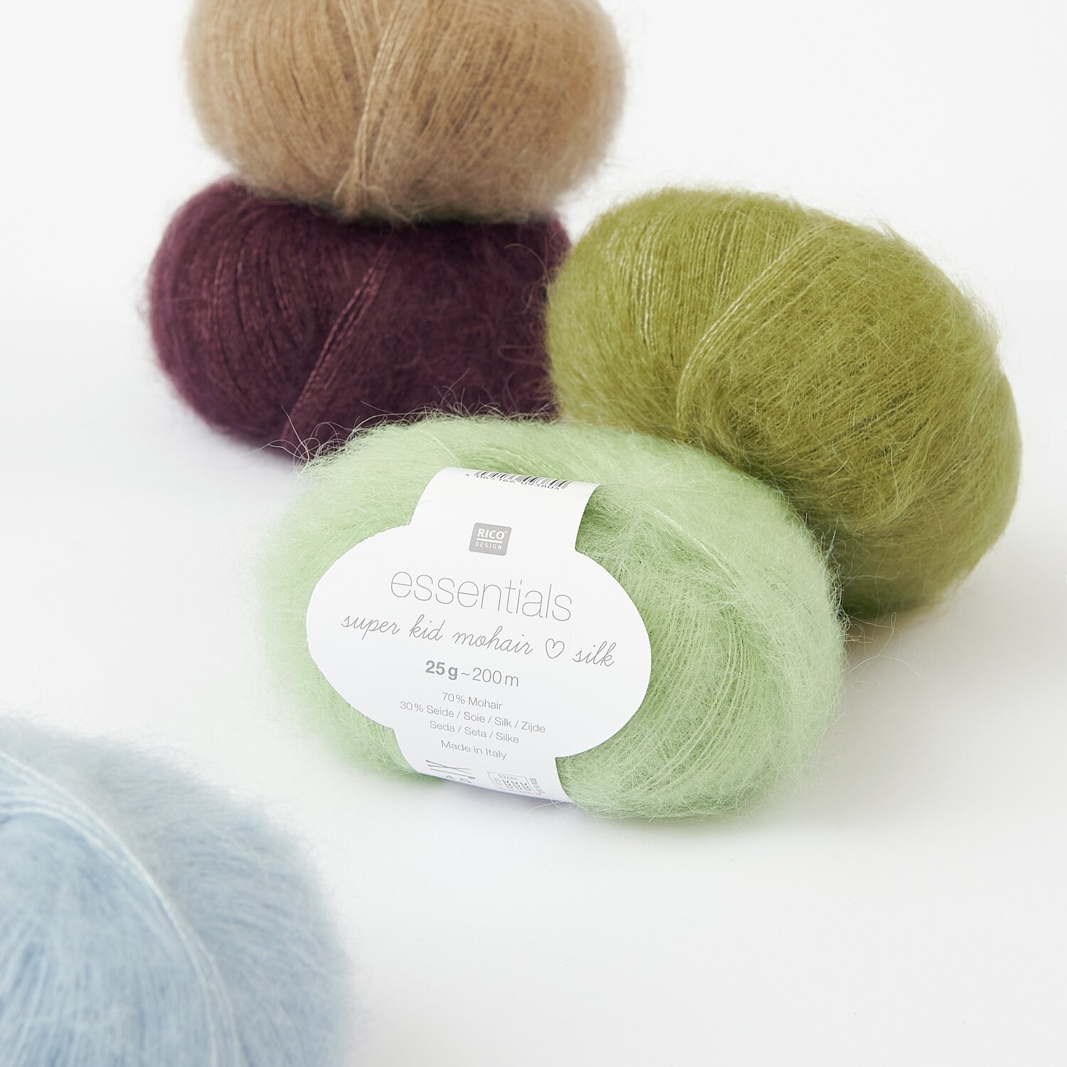 Essentials Super Kid Mohair Loves Silk Sortiment XIII, 10-teilig, in Aloe, Weide, Taubenblau, Nougat und Bordeaux von Rico Design.