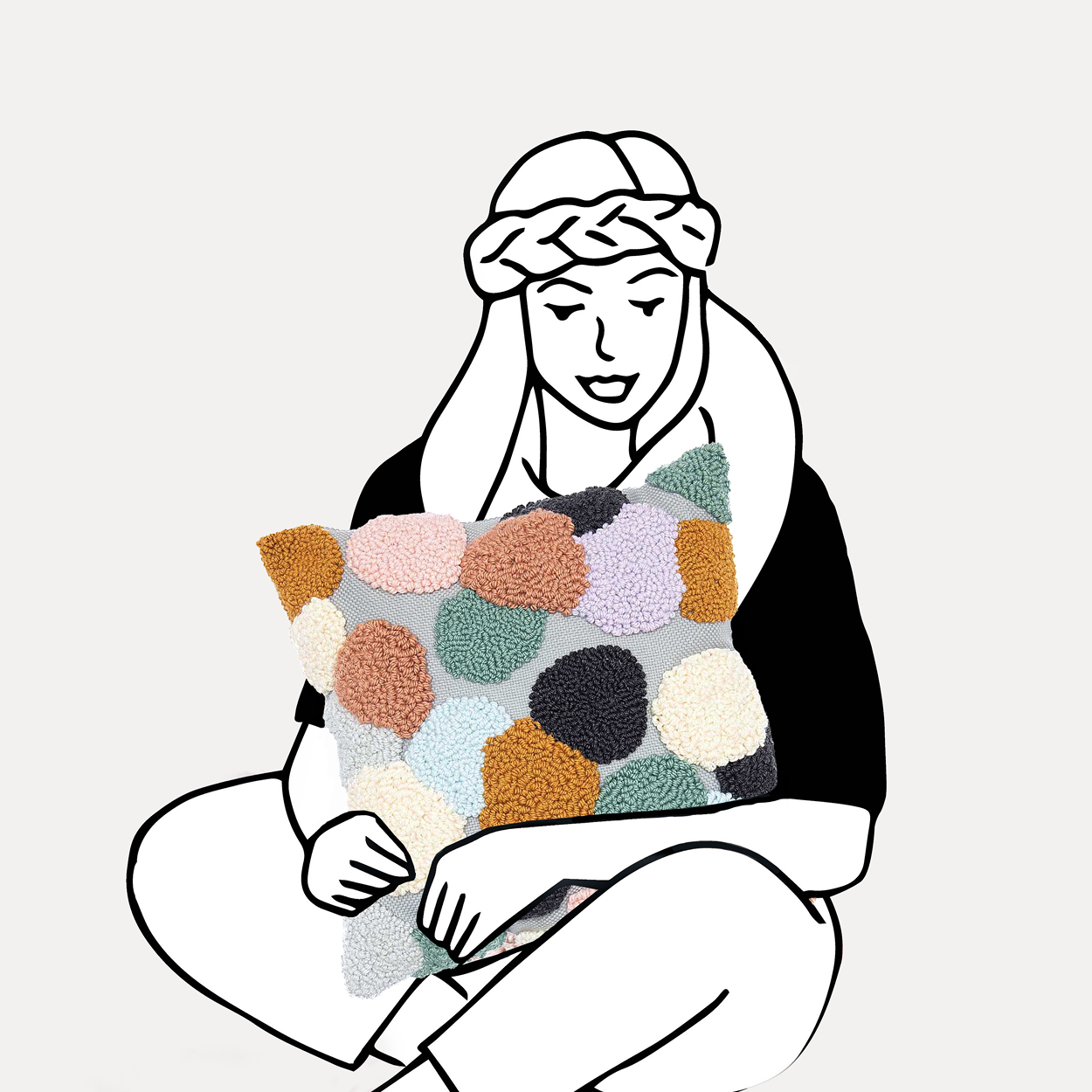 Schwarz-weiß gezeichnete Frau hält ein geknüpftes Kissen mit Punkten.