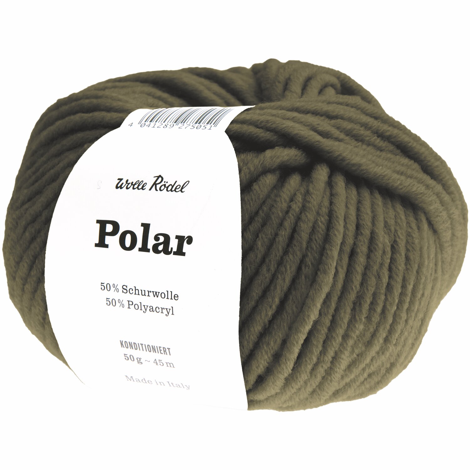 Polar 50g 45m Farbe Oliv von idee. Creativmarkt Polar Wolle in Oliv von Wolle Rödel, 50g Knäuel mit einer Lauflänge von 45m, ideal für warme Strickprojekte.