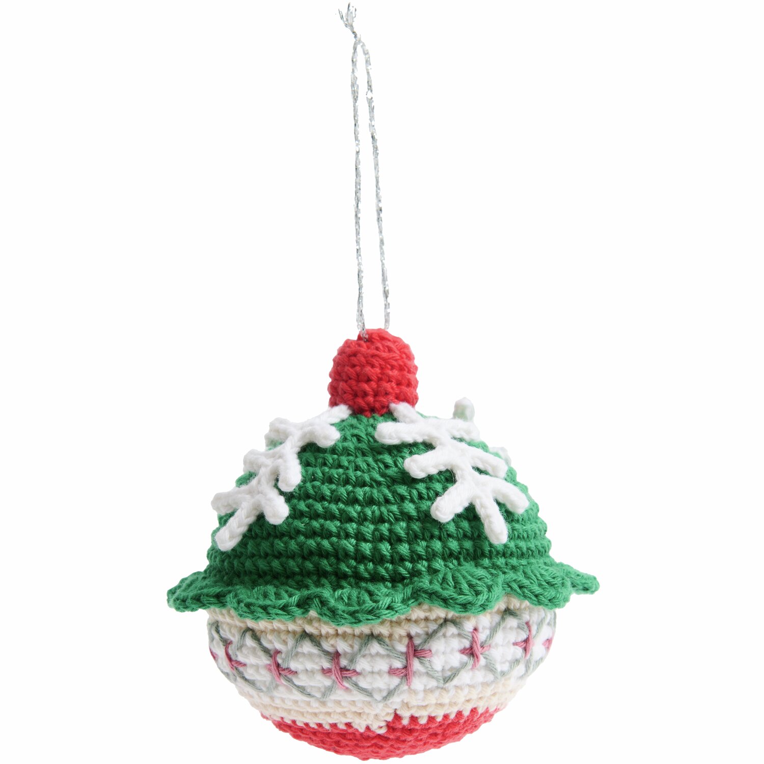 Ricorumi Häkelset Christbaumkugeln Silber 2 Stück von Rico Design Ricorumi Häkelset Christbaumkugeln Silber: Handgehäkelte Kugel in Grün, Rot und Weiß mit Schneeflockenmotiv, ideal für festliche Dekorationen.