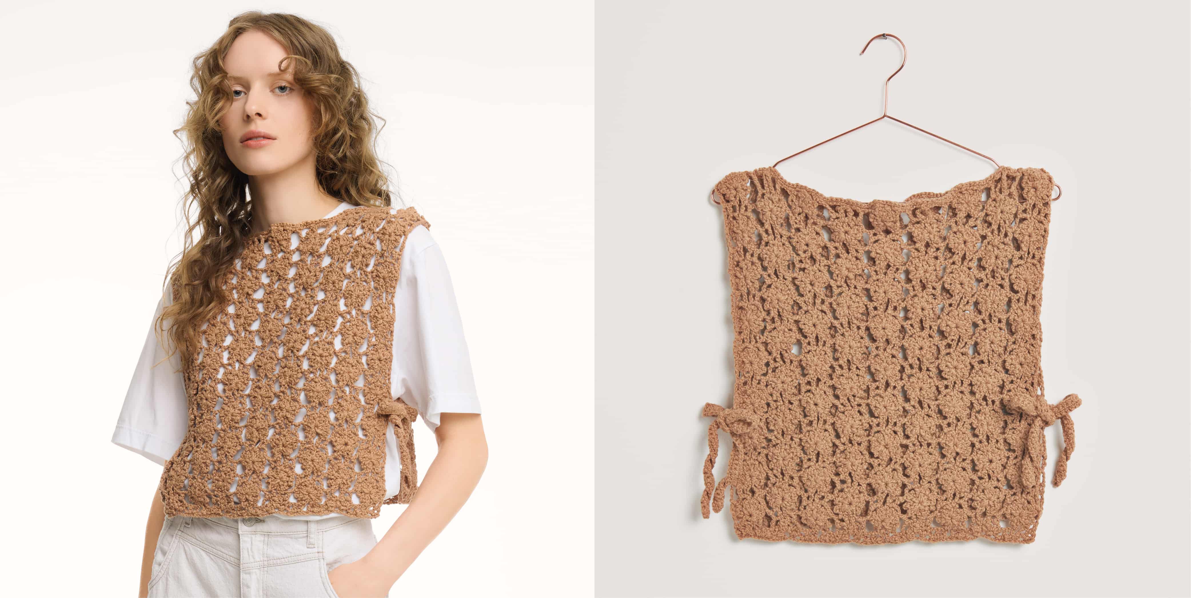 Gehäkelter Pullunder Modell 06 aus Made by Me No. 22 getragen an weiblichem Model und auf einem Bügel.