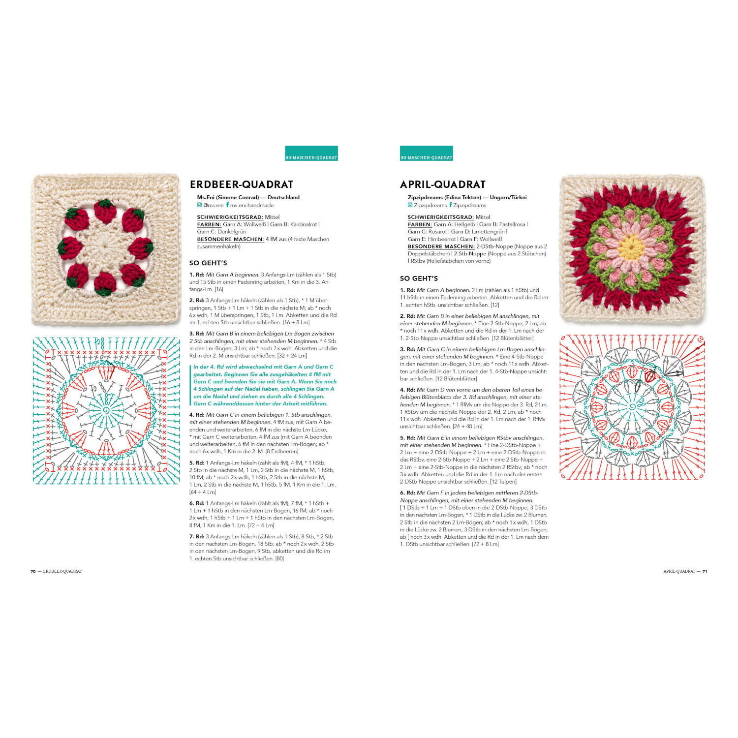 Musterbibel Granny Squares von Edition Michael Fischer Musterbibel Granny Squares: Zwei gehäkelte Quadrate in Rot- und Beigetönen mit detaillierten Anleitungen.