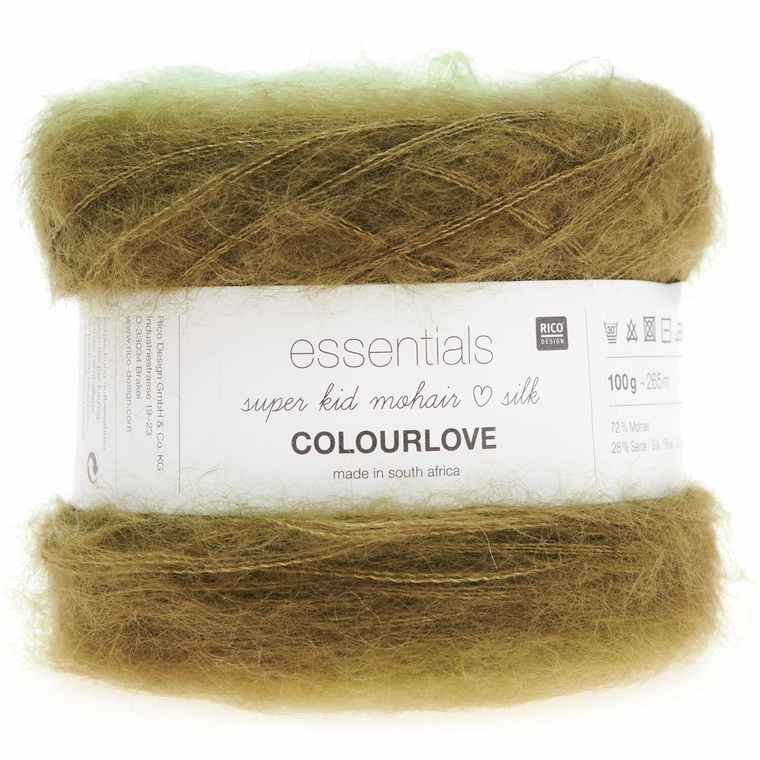 Essentials Super Kid Mohair Loves Silk Colourlove, weiches Garn in Moosgrün, 100g, 265m, ideal für luxuriöse Strickprojekte.
