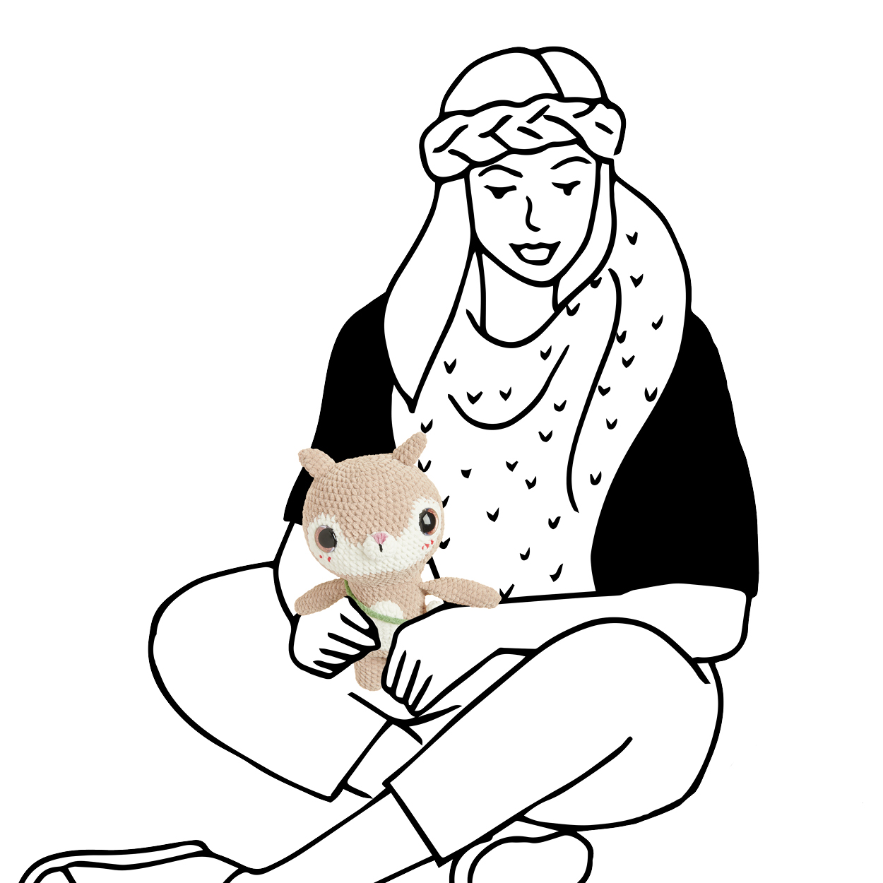 Eine schwarz-weiß gezeichnete und sitzende Frau hält ein gehäkeltes Kuscheltier-Eichhörnchen. Flatlay von Produkt.