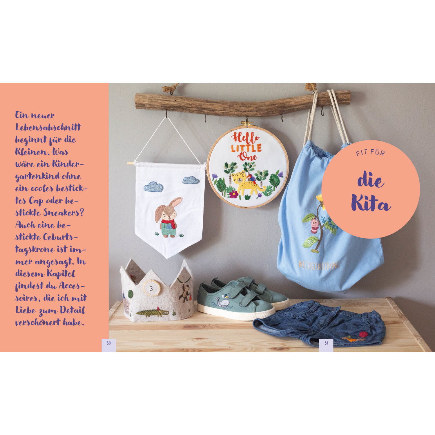 Hello Little One – Süße Stickmotive: Kinderzimmer-Deko mit Stickbildern, blauer Beutel und Sneakers. Ideal für die Kita.