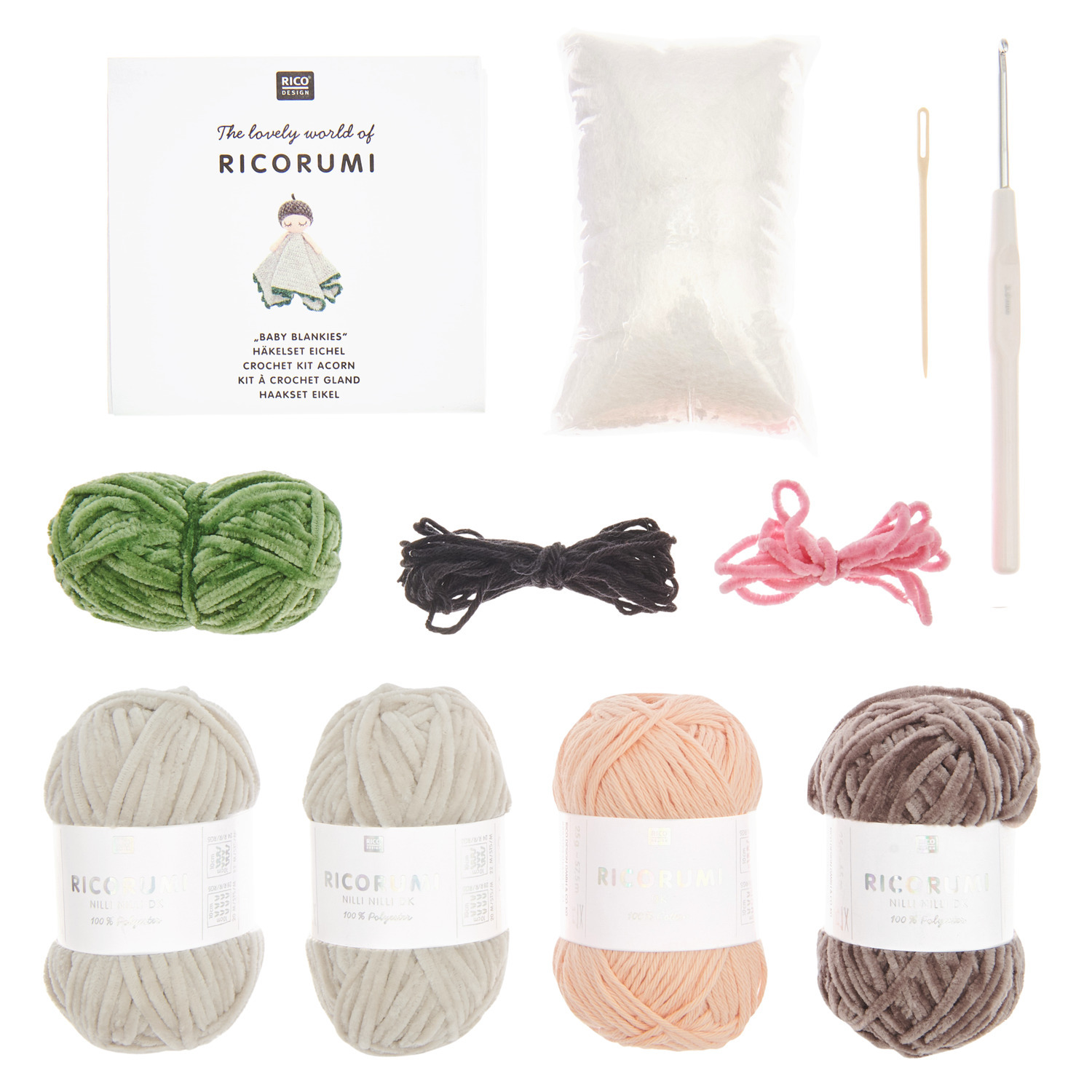Häkelset Ricorumi Baby Blankies Eichel von Rico Design Häkelset Ricorumi Baby Blankies Eichel mit Garn in Grün, Beige, Rosa und Braun, inkl. Häkelnadel und Füllmaterial. Ideal für kreative Projekte.