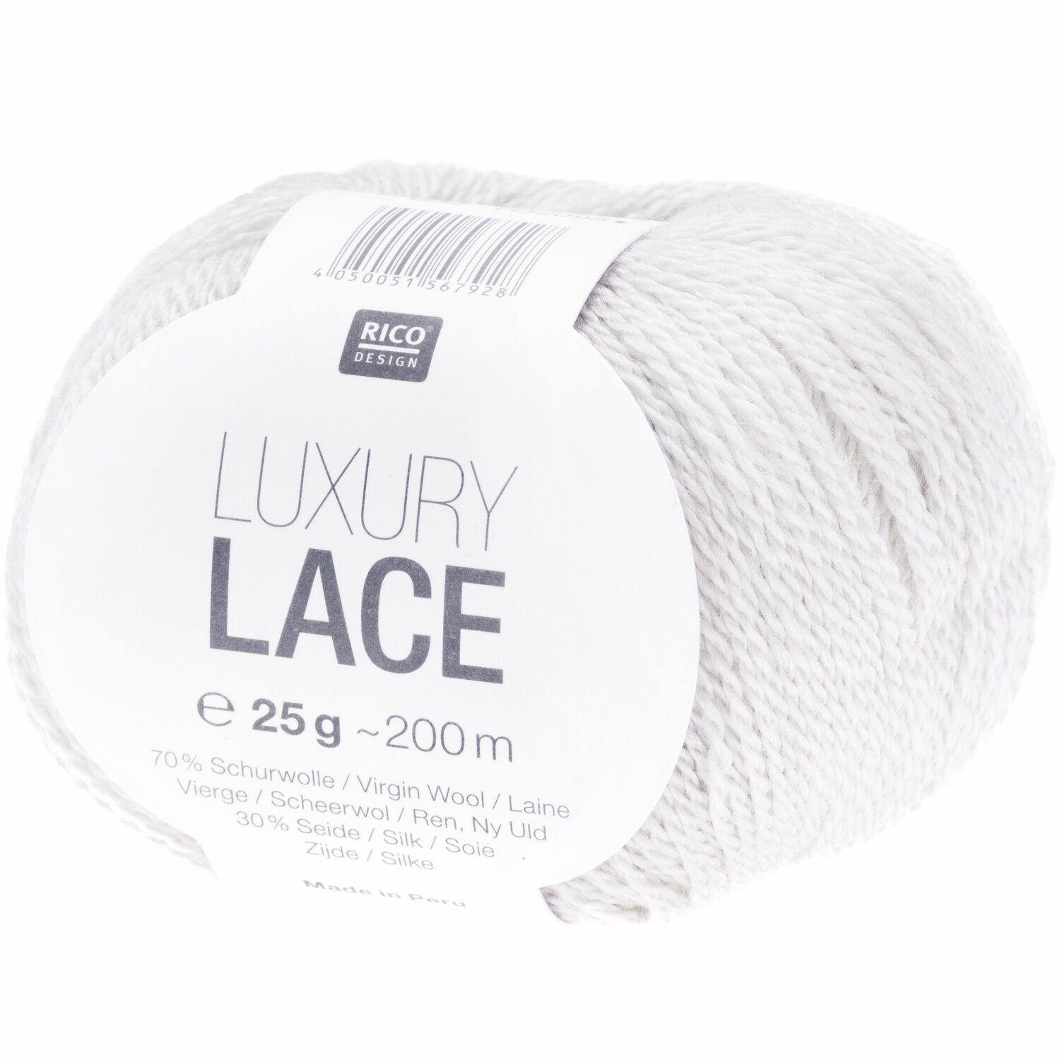 Luxury Lace, weißes Garn von Rico Design, 25g 200m. Ideal für feine Strickprojekte.