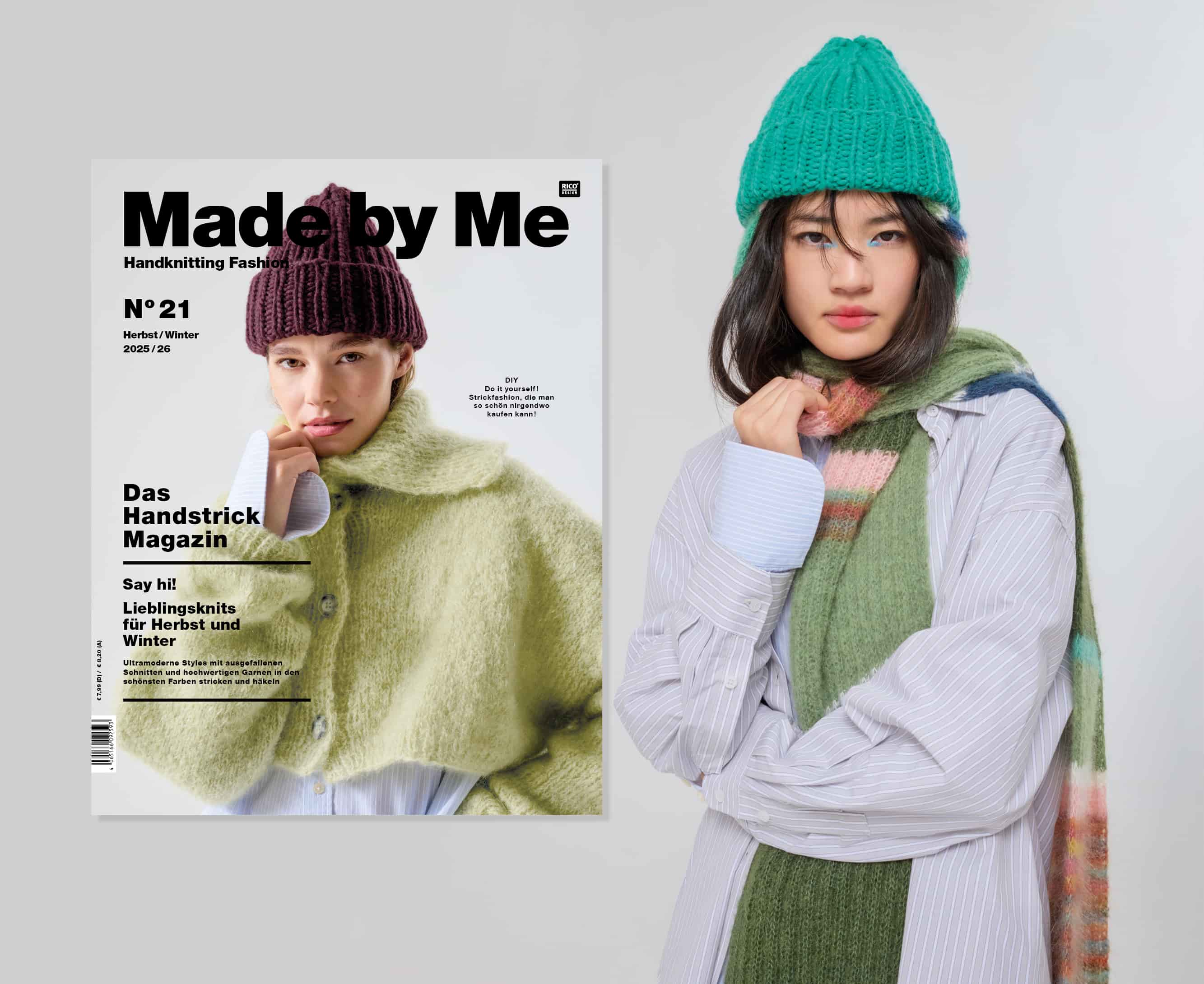 Frau trägt gestrickte Mütze und Schal aus Made by Me No. 21 und posiert vor grauem Hintergrund. Daneben ein Cover des Handstrick Magazins Made by Me No. 21 