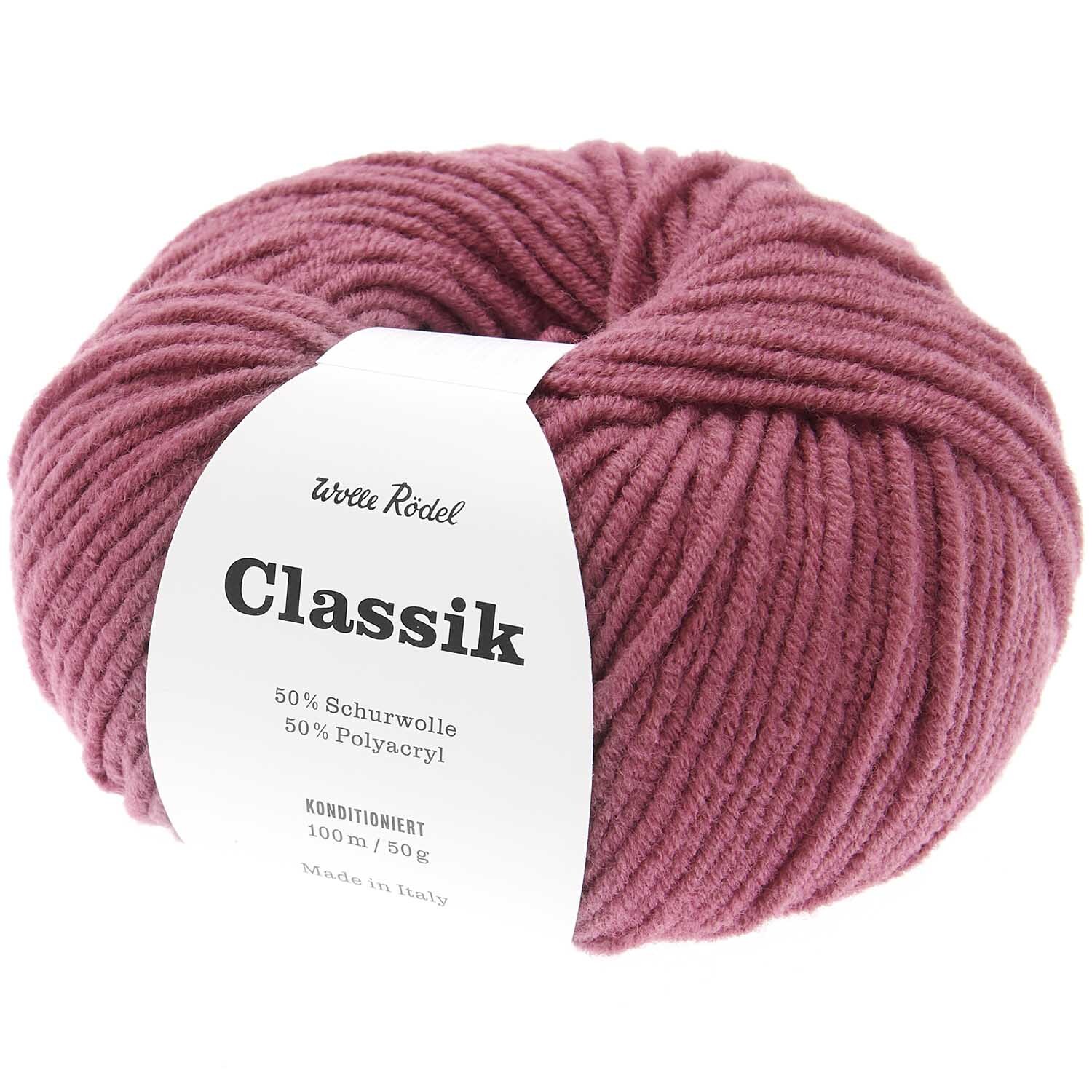 Classik Wolle in Mauve von Wolle Rödel, 50g Knäuel aus 50% Schurwolle und 50% Polyacryl, ideal für Strickprojekte.