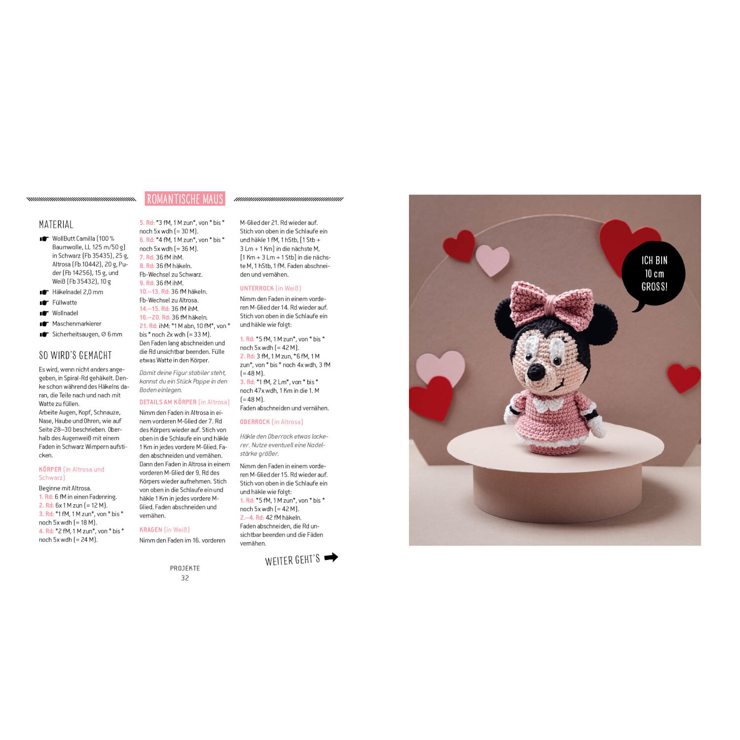 Helden der Kindheit - Die Minis: Strickanleitung für Minnie-Maus-Puppe in Rosa mit roten Herzen im Hintergrund.