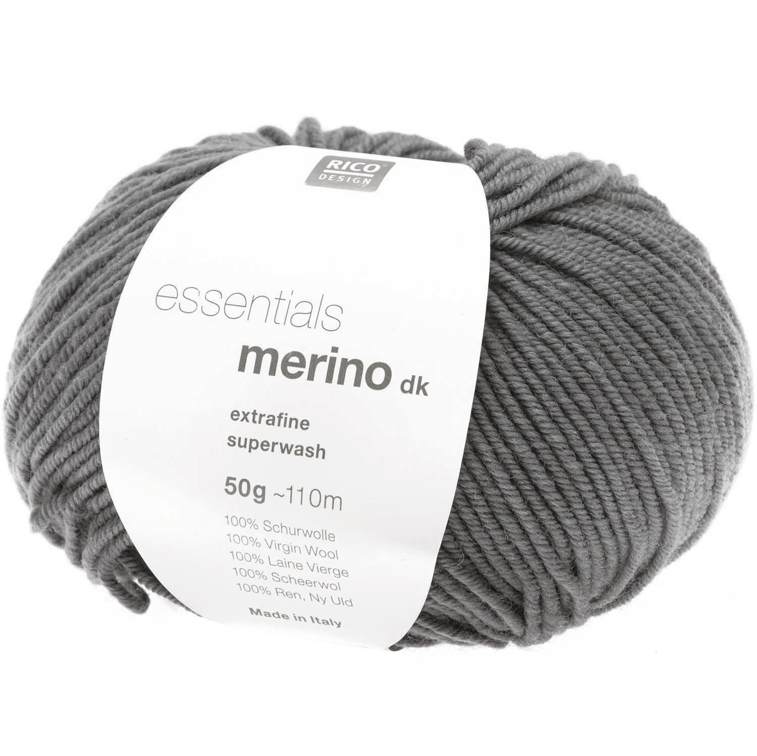 Essentials Merino dk, extrafeine Wolle in Mittelgrau von Rico Design, 50g Knäuel mit 110m Länge.