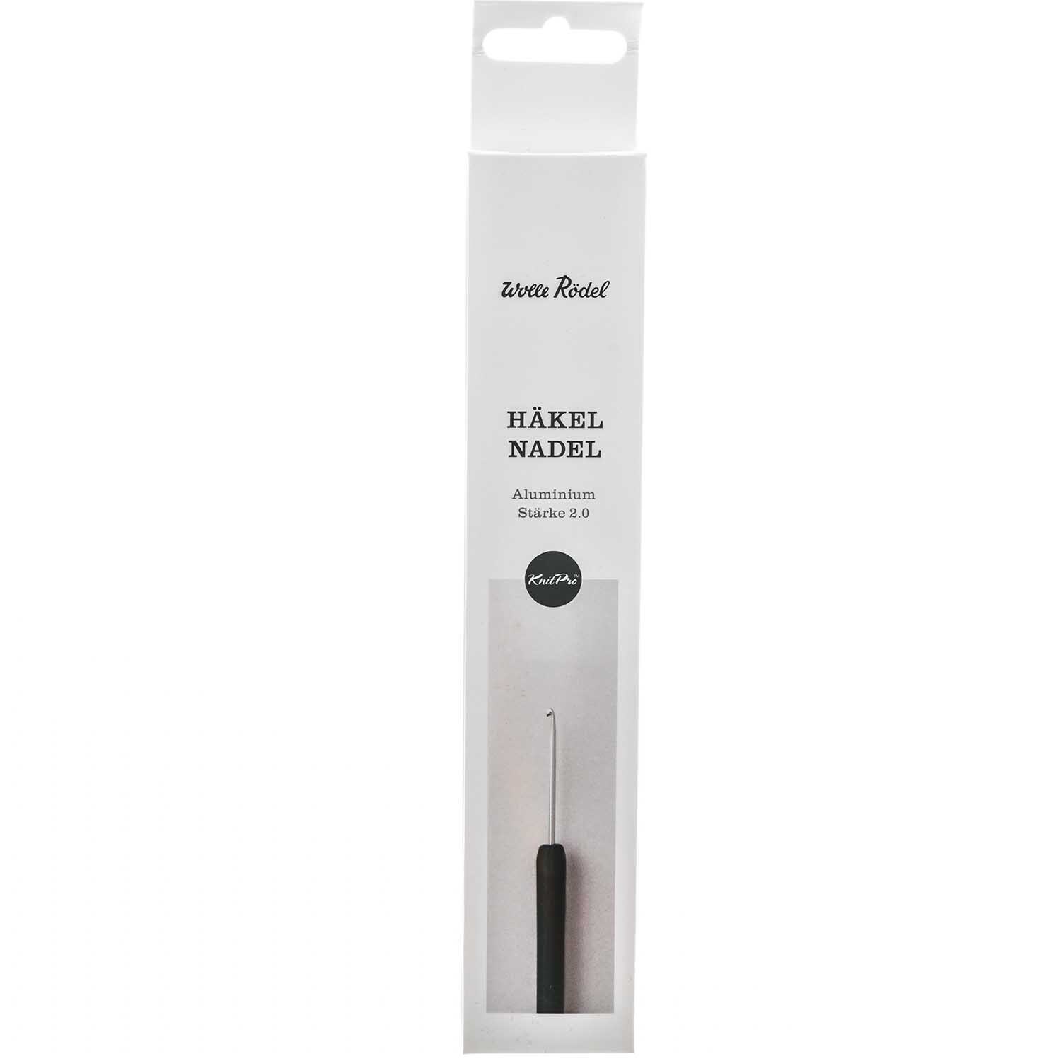 KnitPro Häkelnadel Aluminium Stärke 2,0 von idee. Creativmarkt KnitPro Häkelnadel Aluminium in schwarzer Verpackung mit Hakenansicht, ideal für Handarbeiten.
