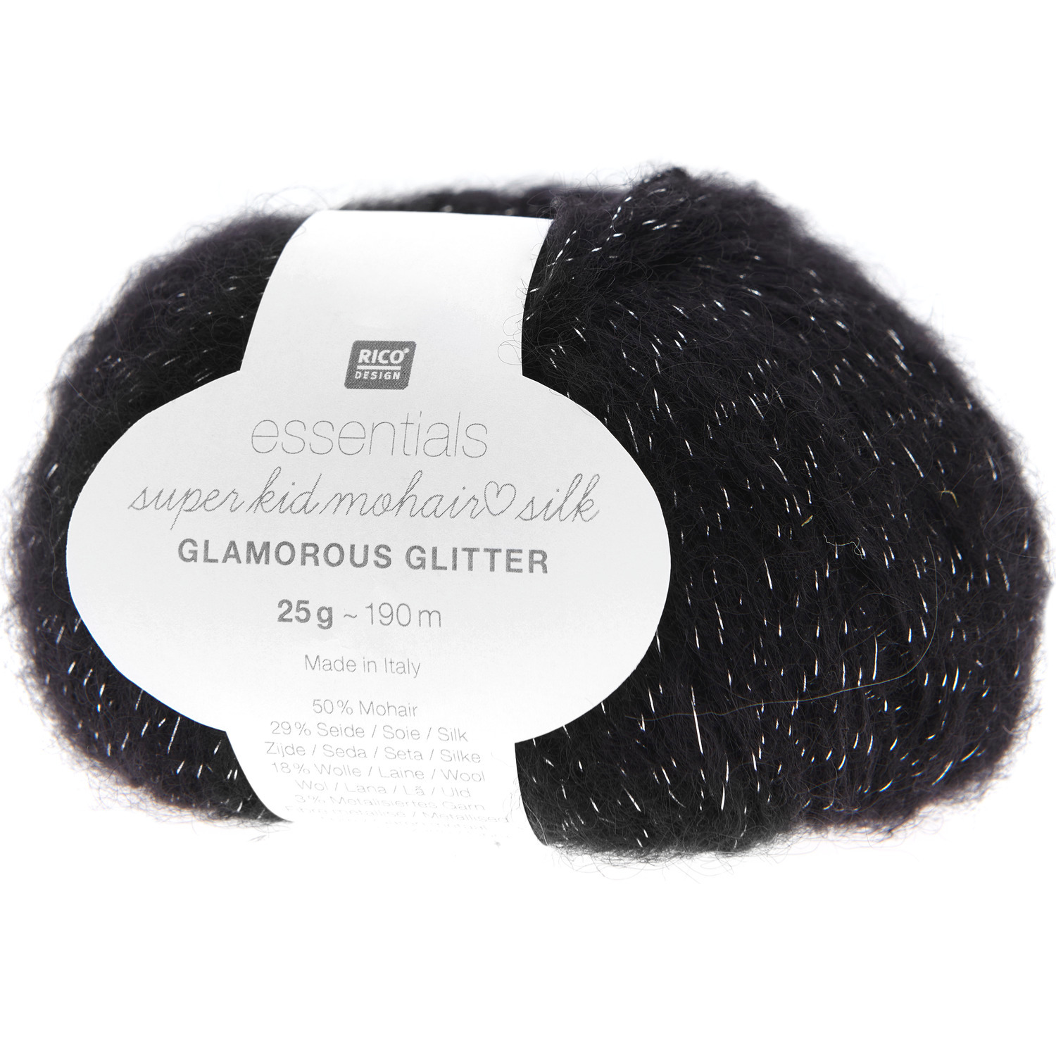 Essentials Super Kid Mohair Loves Silk Glamorous Glitter in Schwarz von Rico Design, 25g Knäuel mit 190m Länge, ideal für luxuriöse Strickprojekte.