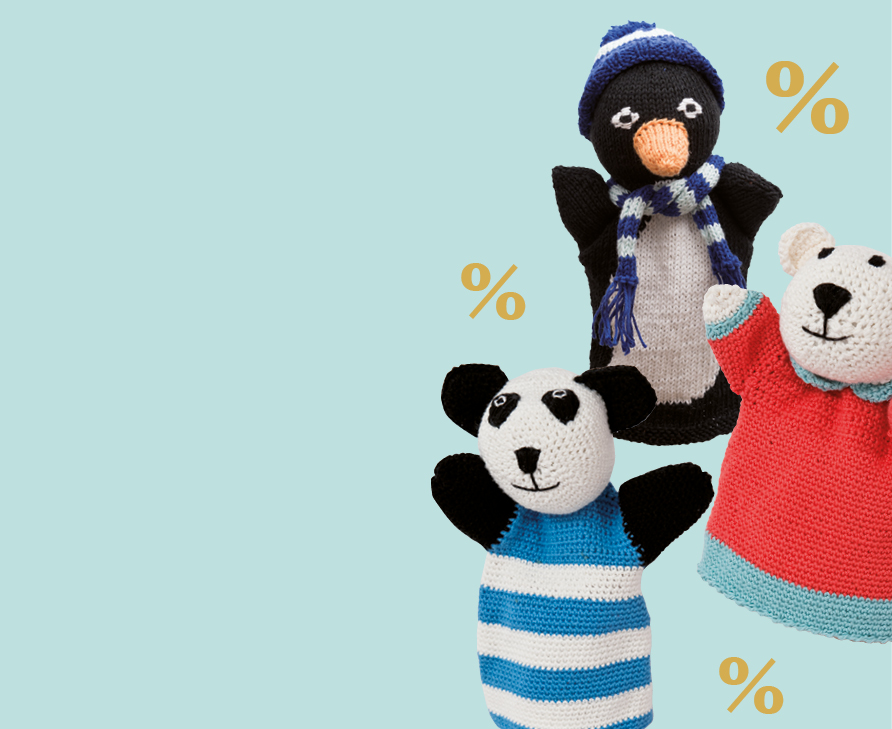 Handpuppe Panda, Eisbär, Pinguin gestrickt bzw. gehäkelt