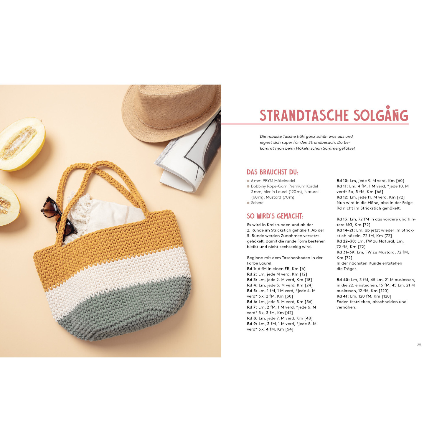 Hej. Mit Rope-Garn häkeln von Edition Michael Fischer Strandtasche Solgång: Gehäkelte Tasche in Gelb, Weiß und Grau mit Seilgriffen, ideal für den Sommer.