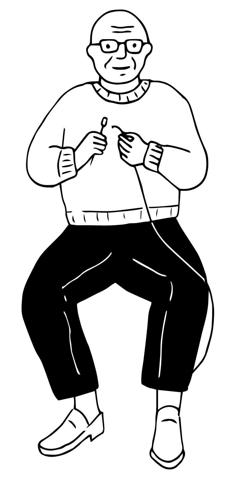 Animation eines älteren Herr mit Nadel und Faden in der Hand