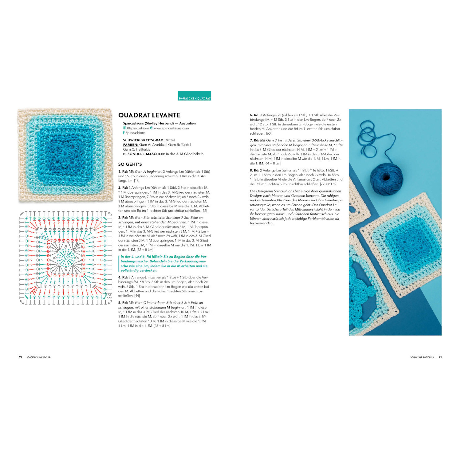 Musterbibel Granny Squares von Edition Michael Fischer Musterbibel Granny Squares: Anleitung für blaue Häkelquadrate mit Garn und Häkelnadel auf blauem Hintergrund.