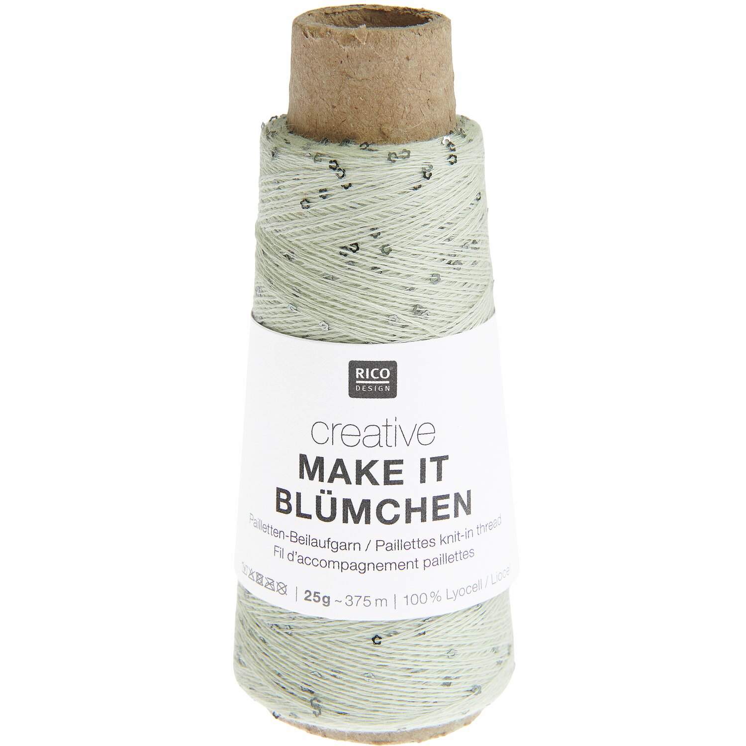 Creative Make It Blümchen: Garnrolle in Salbeigrün von Rico Design, 25g, 375m, mit Pailletten.