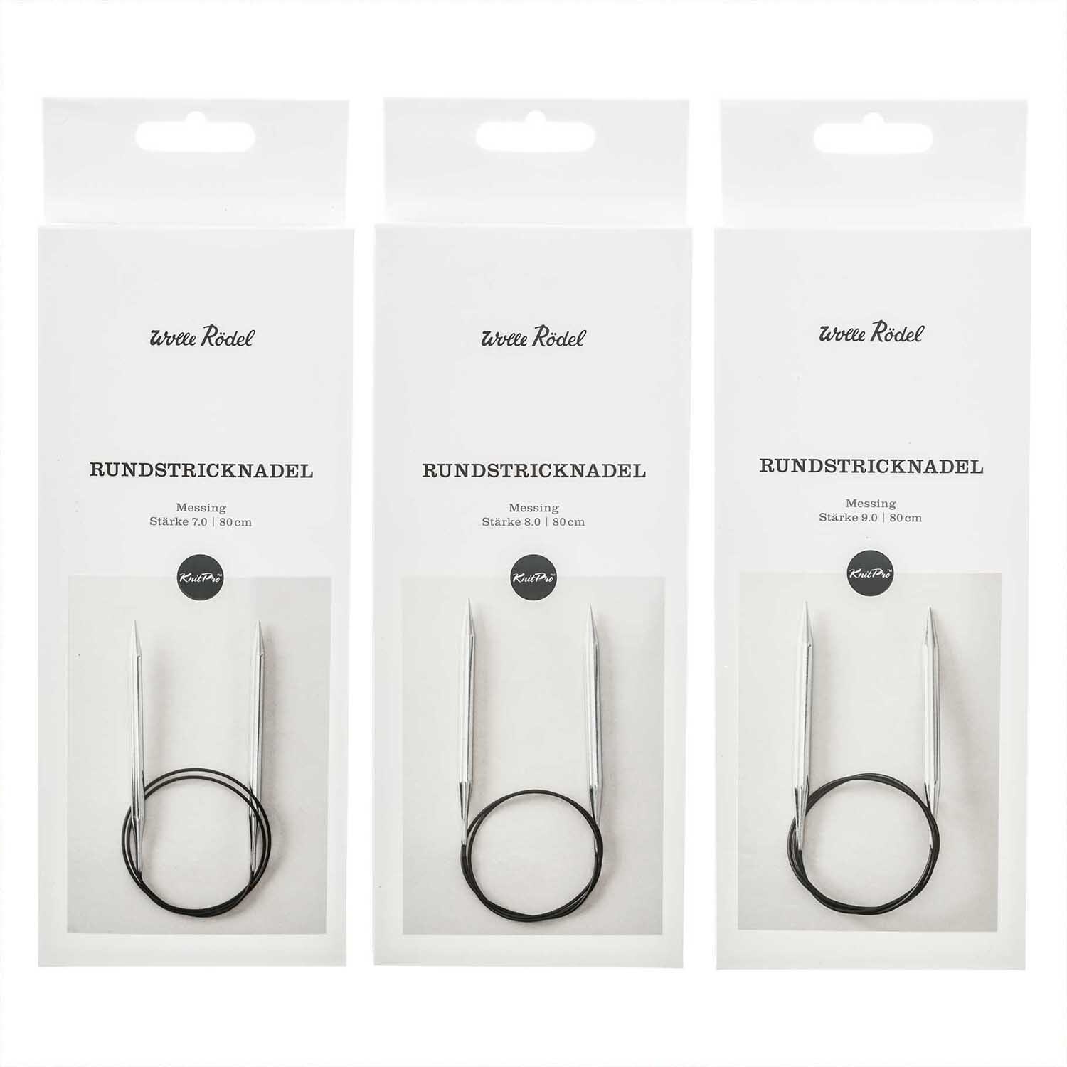 KnitPro Rundstricknadel 80cm Messing in Verpackung, präsentiert von Wolle Rödel, ideal für Strickprojekte.