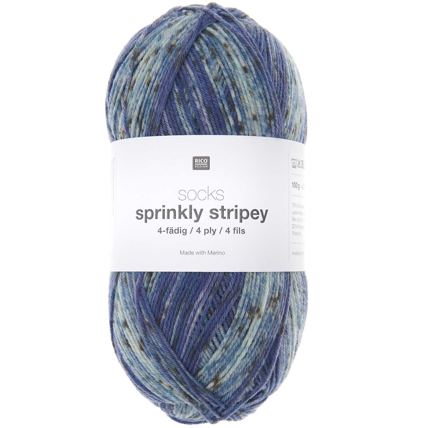 Socks Sprinkly Striply 4-fädig Wolle in Aqua von Rico Design, 100g Knäuel, ideal für Strickprojekte.