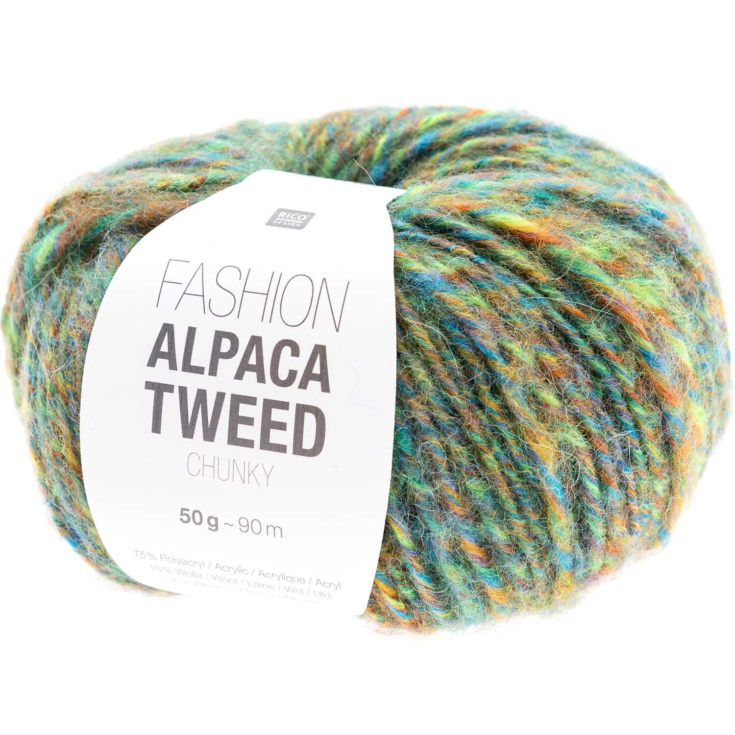 Fashion Alpaca Tweed chunky Wolle von Rico Design in Grün, 50g Knäuel mit 90m Länge, ideal für Strickprojekte.
