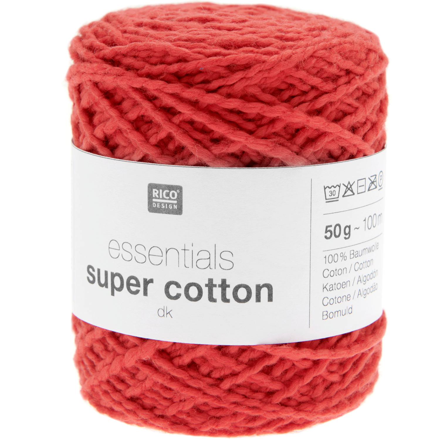 Essentials Super Cotton dk 50g 100m Farbe Rot von Rico Design Essentials Super Cotton dk, rotes Garn von Rico Design, 50g Knäuel, 100m Länge, ideal für Strickprojekte.