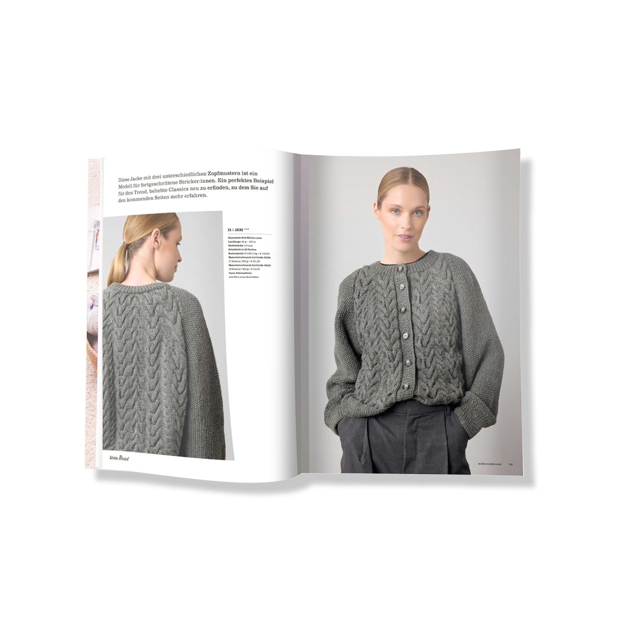 Ein aufgeschlagenes Die Neue Masche No. 14 Heft zeigt eine Frau, welche einen gestrickten Cardigan aus grauem Garn trägt.