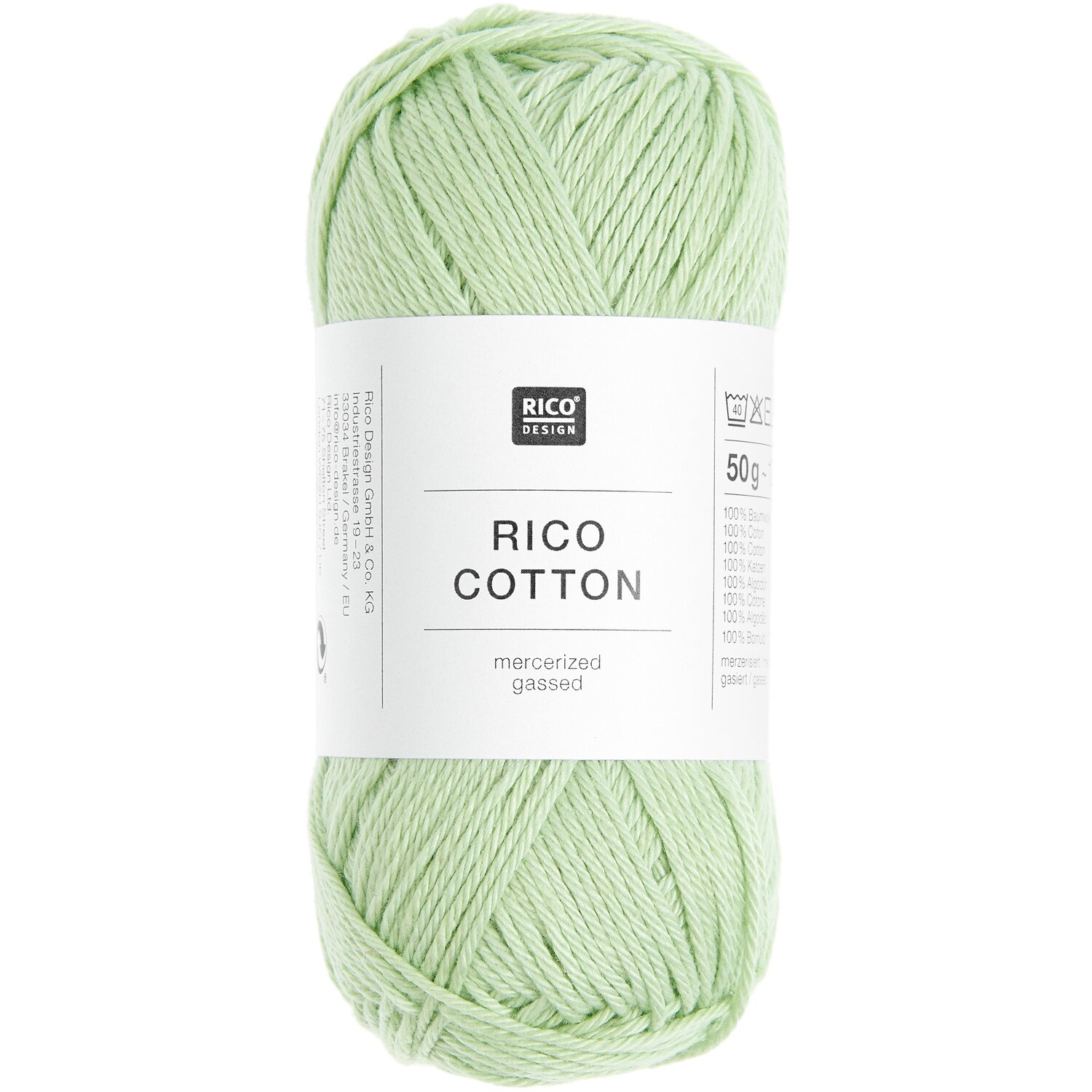 Rico Cotton: Hellgrünes Baumwollgarn von Rico Design, 50g, 125m, ideal für Strickprojekte.