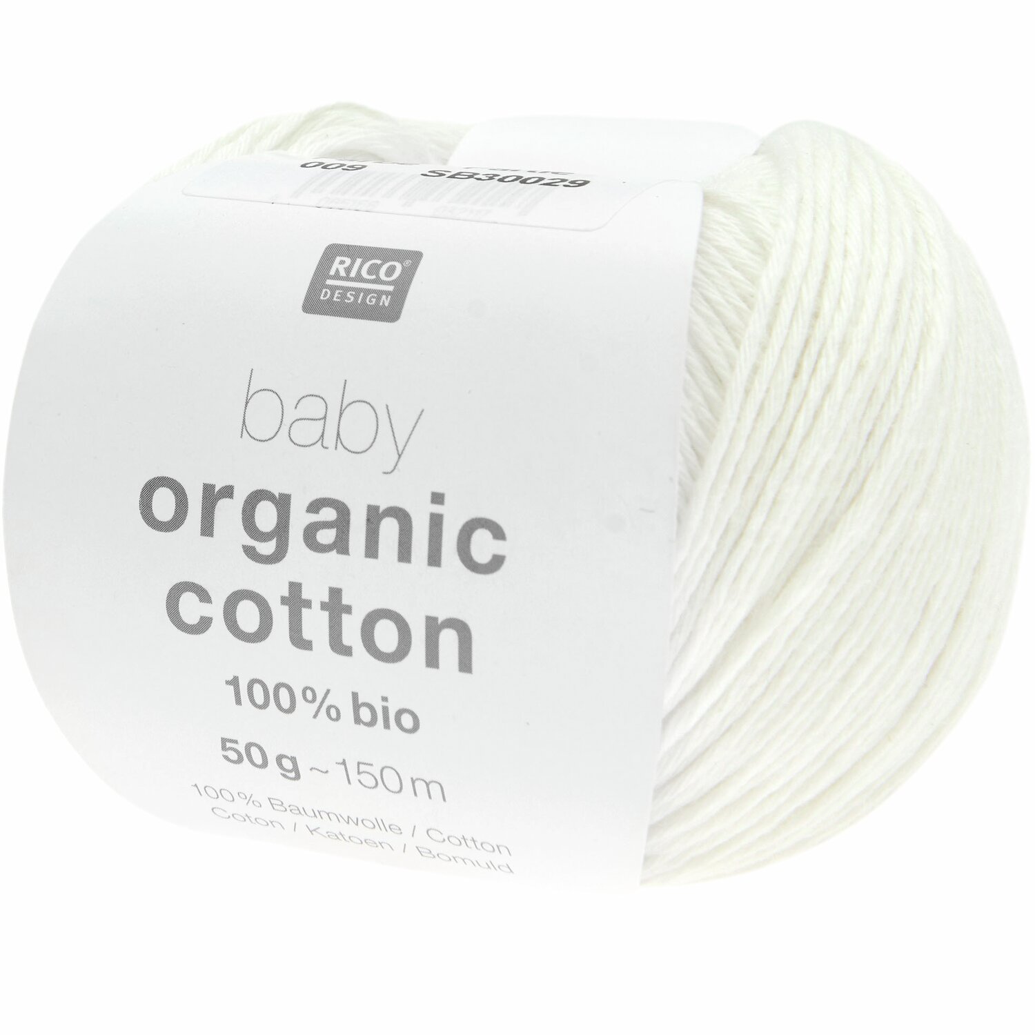 Baby Organic Cotton: Weißes Garn von Rico Design, 100% Bio-Baumwolle, 50g, 150m Länge.