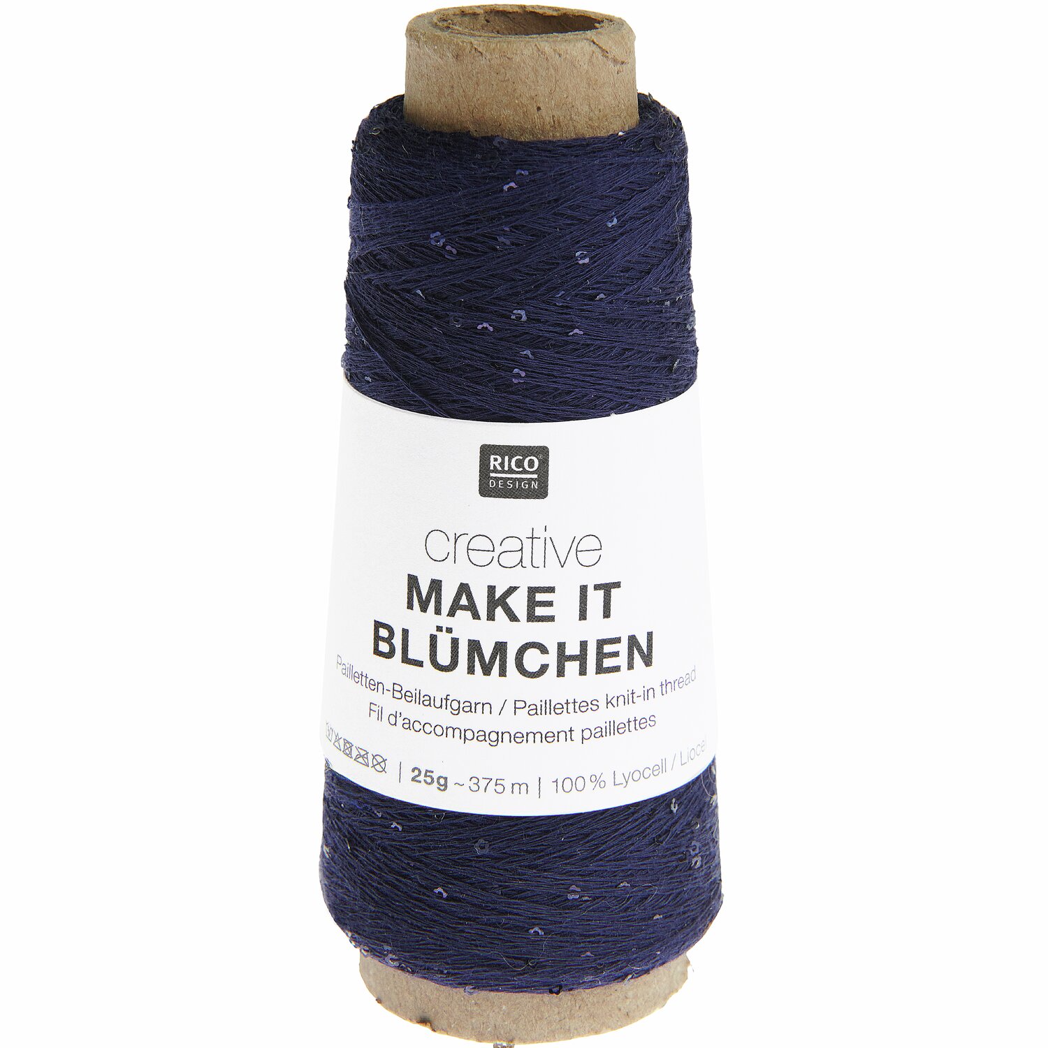Creative Make It Blümchen: Dunkelblaues Garn von Rico Design auf einer Pappspule, ideal für Strickprojekte.