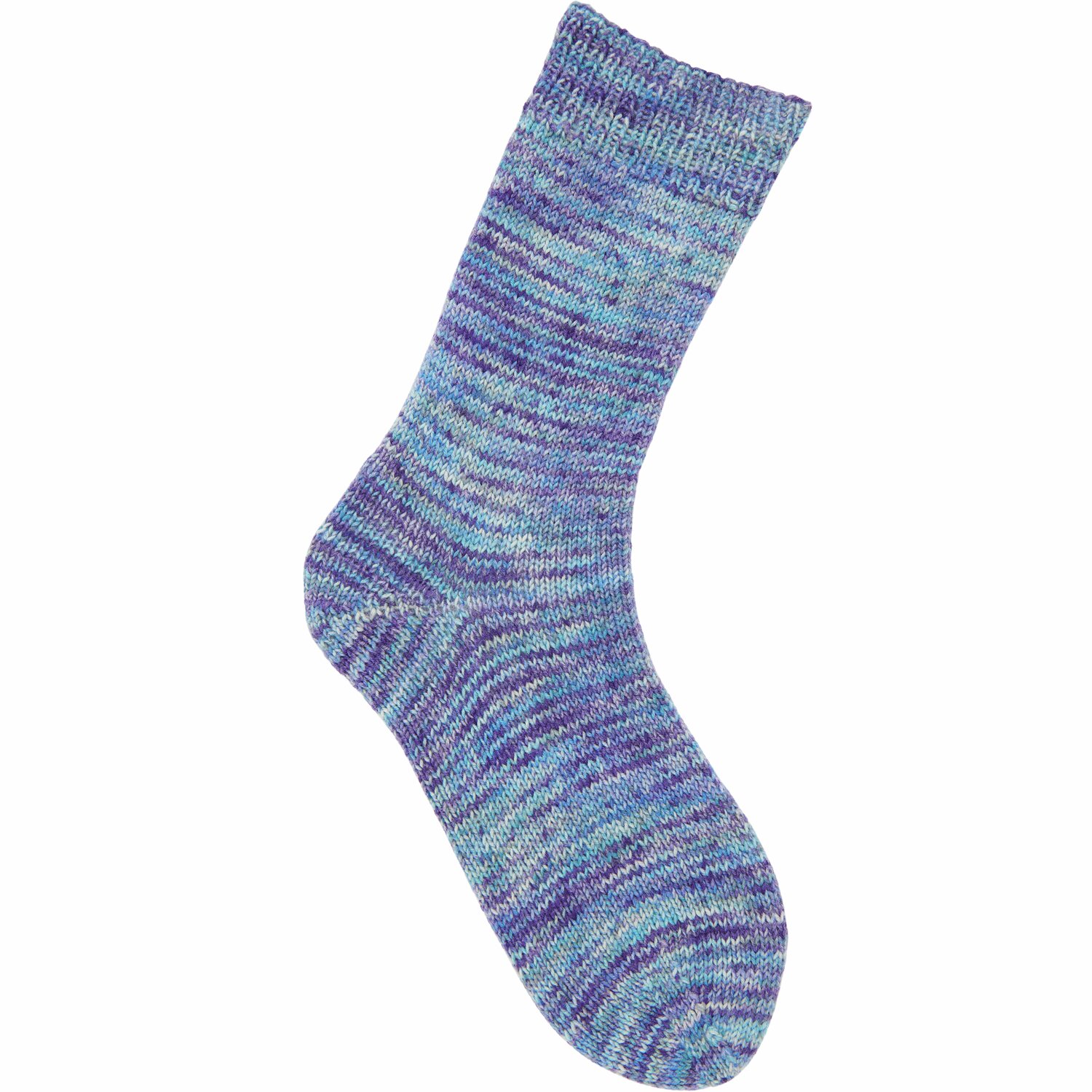 Socks Merino Multicolor 4-fädig: Bunte gestrickte Socke in Blautönen, ideal für kalte Tage.