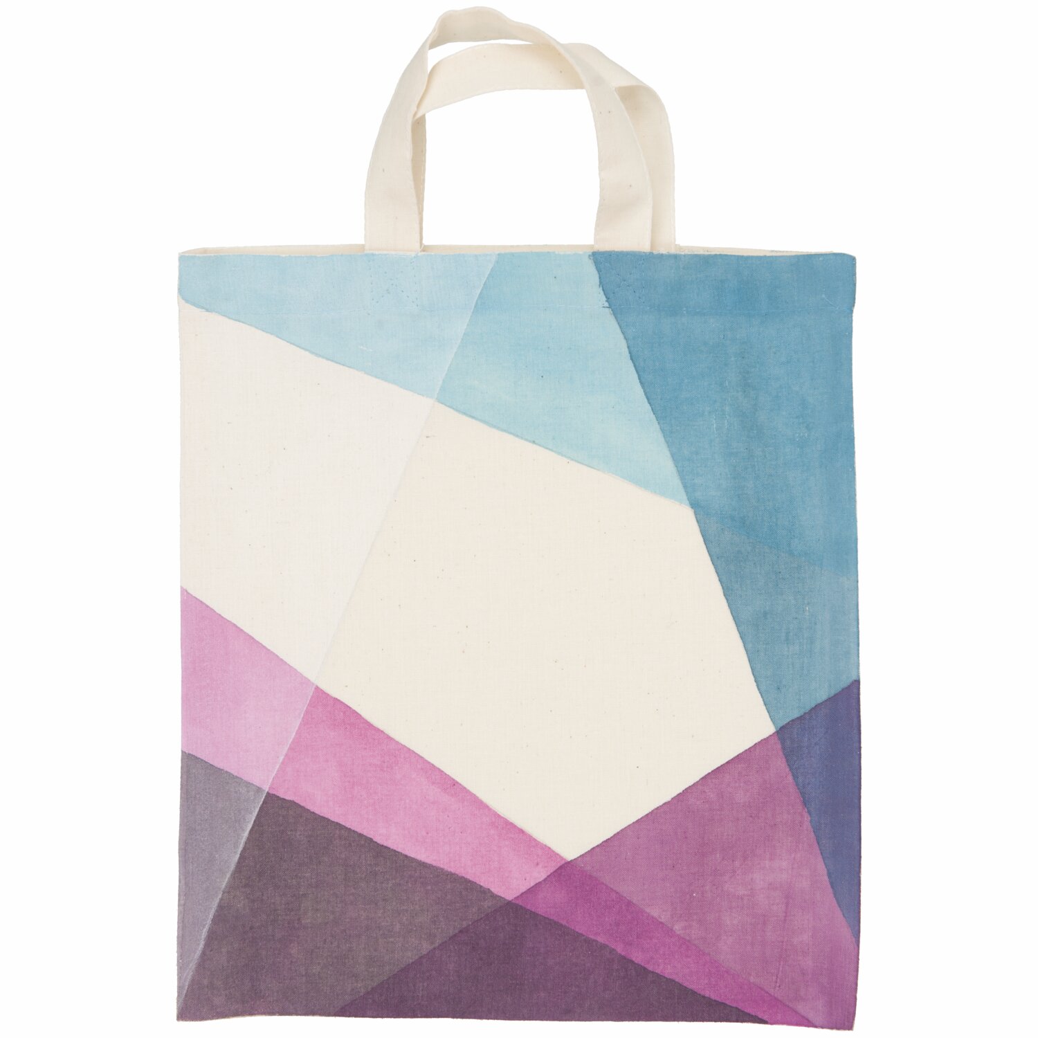 Textilfarben fashion: Stofftasche mit geometrischem Muster in Blau, Lila und Rosa, bemalt mit Rico Design Farben.