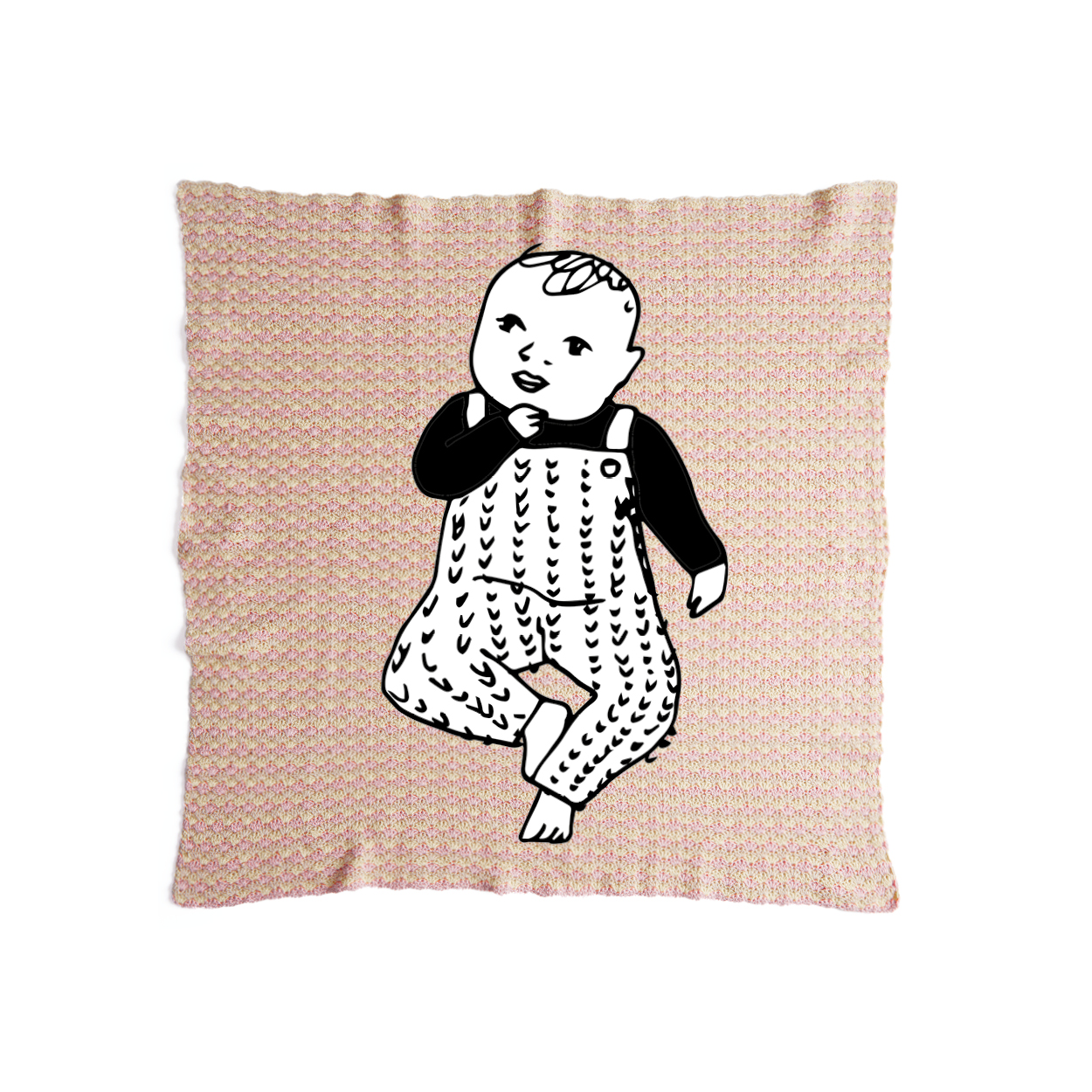 Ein schwarz-weiß gezeichnetes Baby liegt auf einer gehäkelten Babydecke. Flatlay von Produkt.