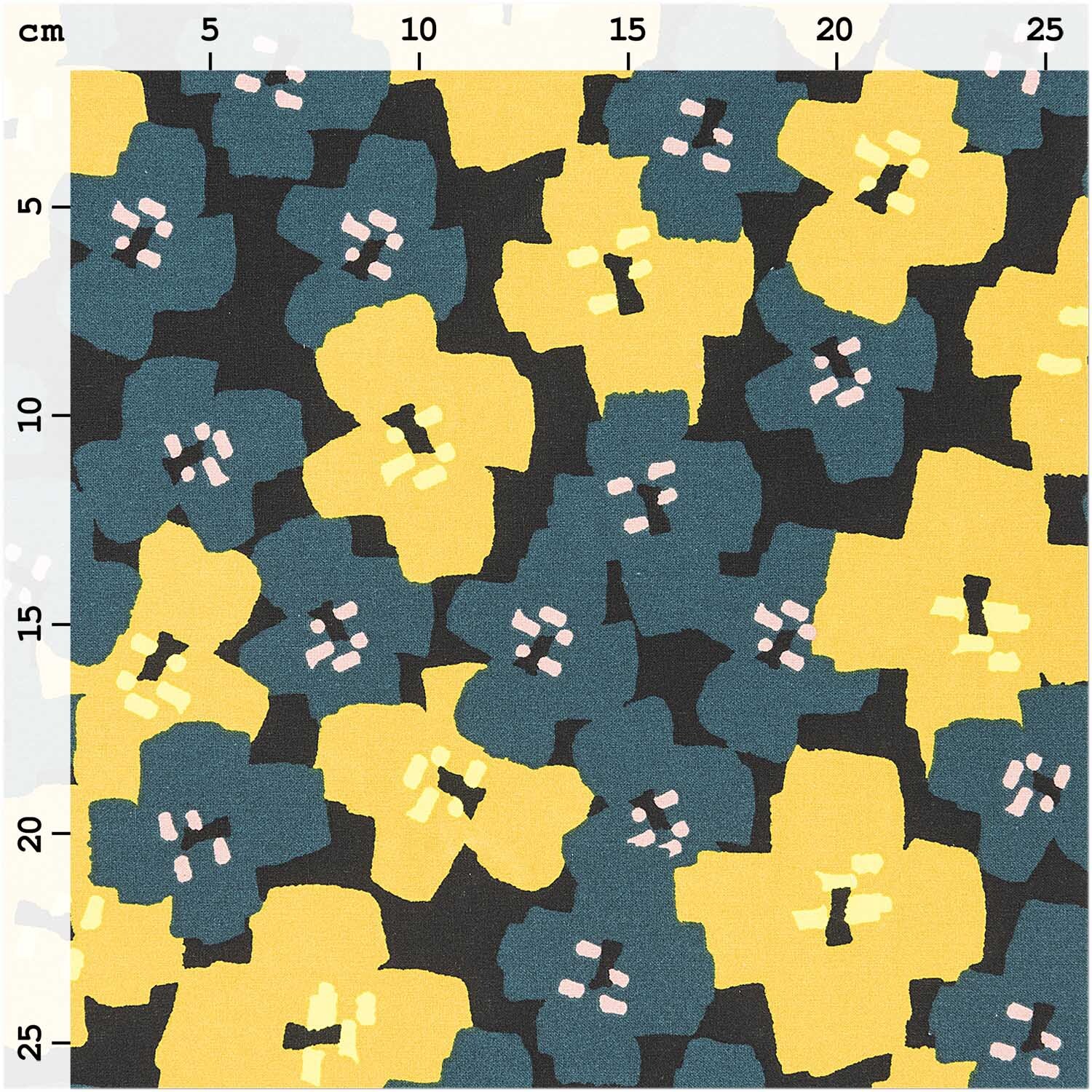 Druckstoff Okina Hana Blumen schwarz-grün 50x140cm mit gelben und blauen Blumenmuster von Rico Design.