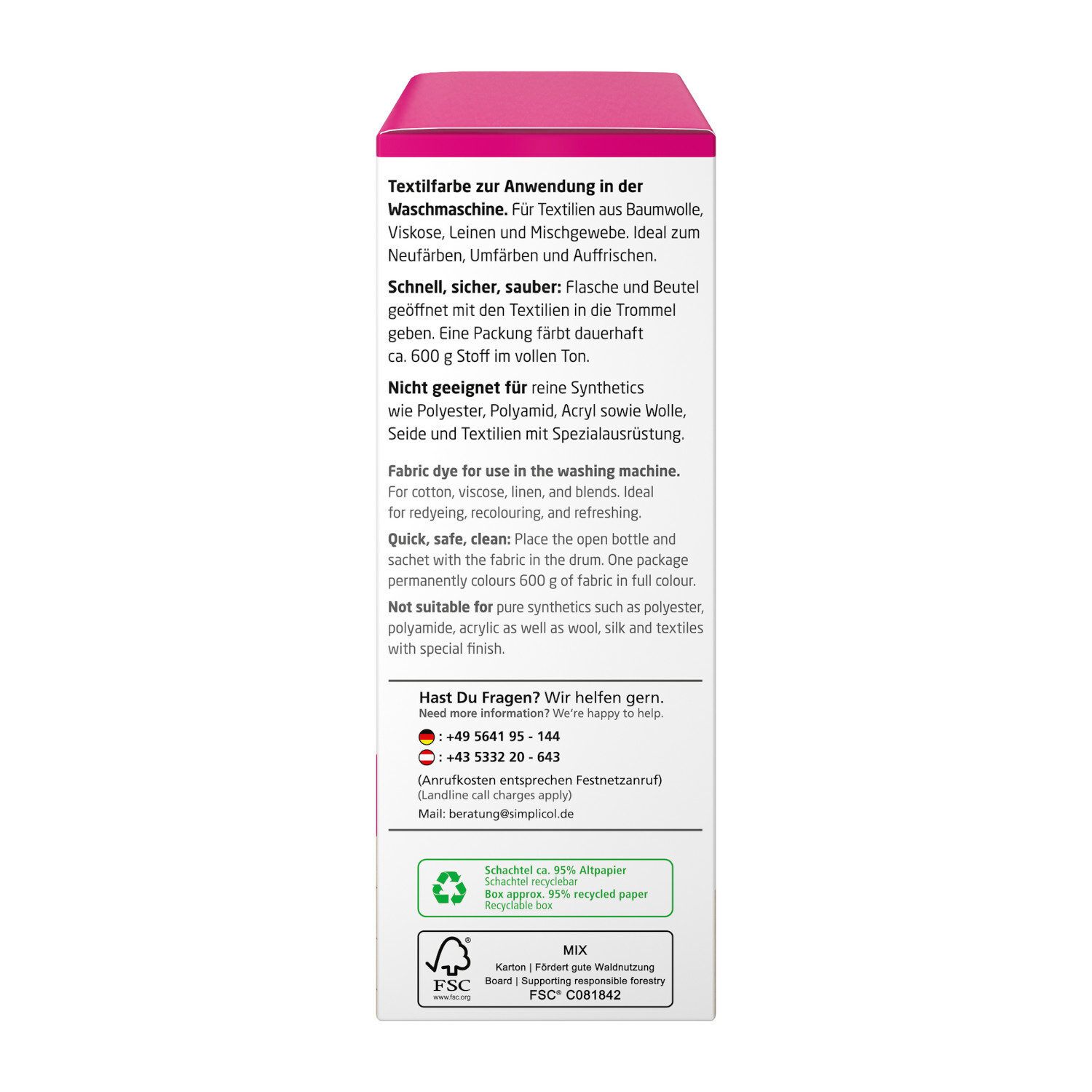 Textilfarbe intensiv 150ml, simplicol, Pinkberry. Verpackung mit Anwendungshinweisen und Kontaktinformationen. Ideal für Baumwolle und Leinen.