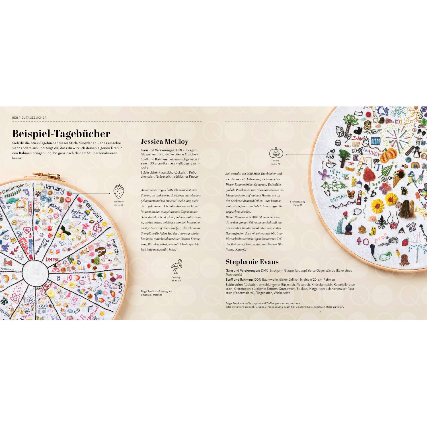 1000 x Sticken - Die große Motivsammlung: Zwei bestickte Kreise mit bunten Mustern auf beigem Hintergrund, Beispiel-Tagebücher von Jessica McCloy.