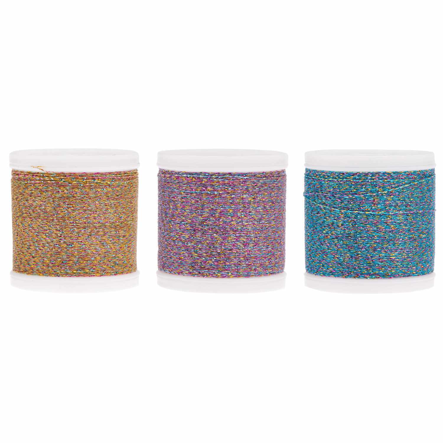 Sticktwist Metallic No. 40 Rainbow 200m: Drei Spulen in Gold, Lila und Blau von Rico Design, ideal für kreative Nähprojekte.