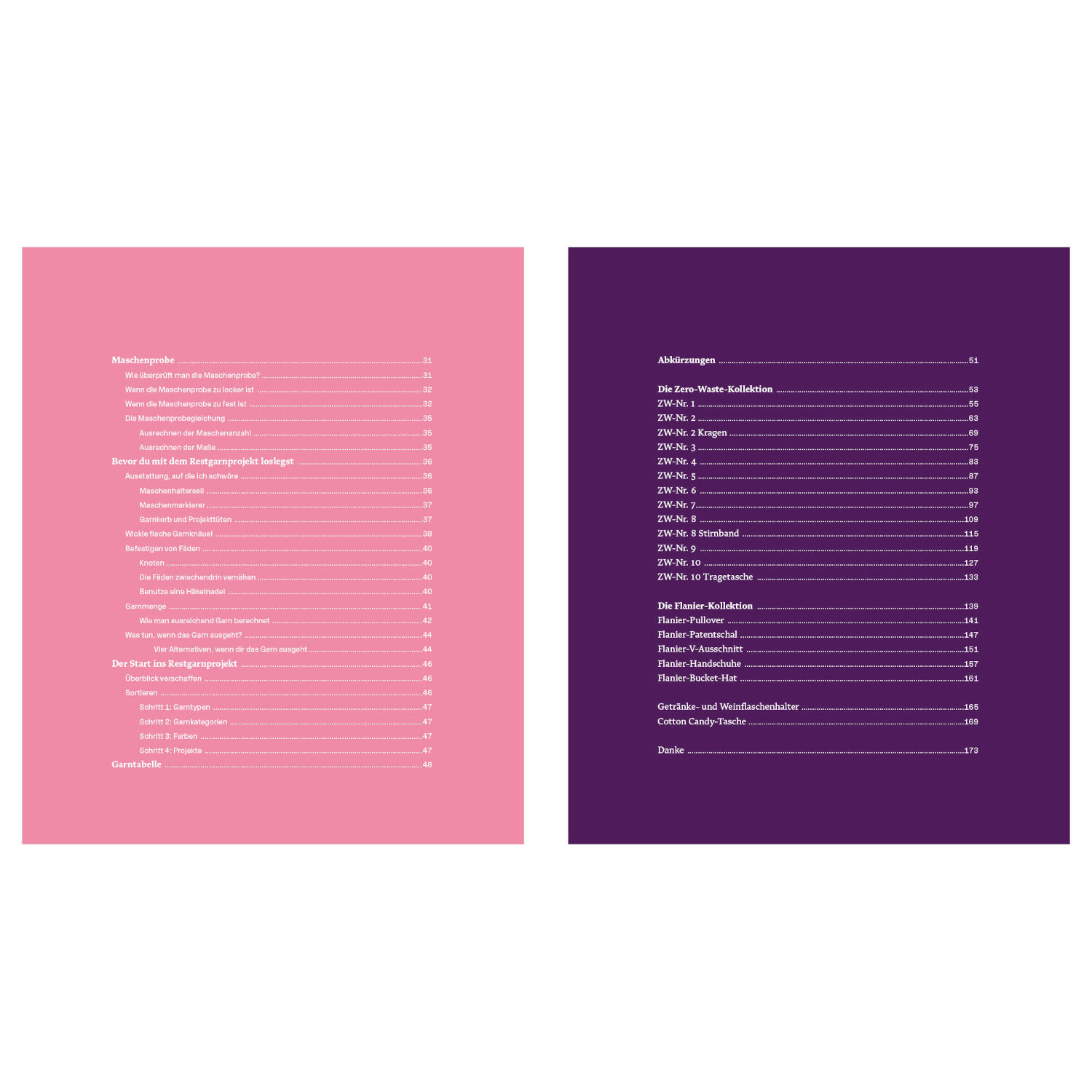 Restgarn-Remix Stricken von Edition Michael Fischer Restgarn-Remix Stricken: Inhaltsverzeichnis auf rosa und lila Hintergrund, EMF Verlag.