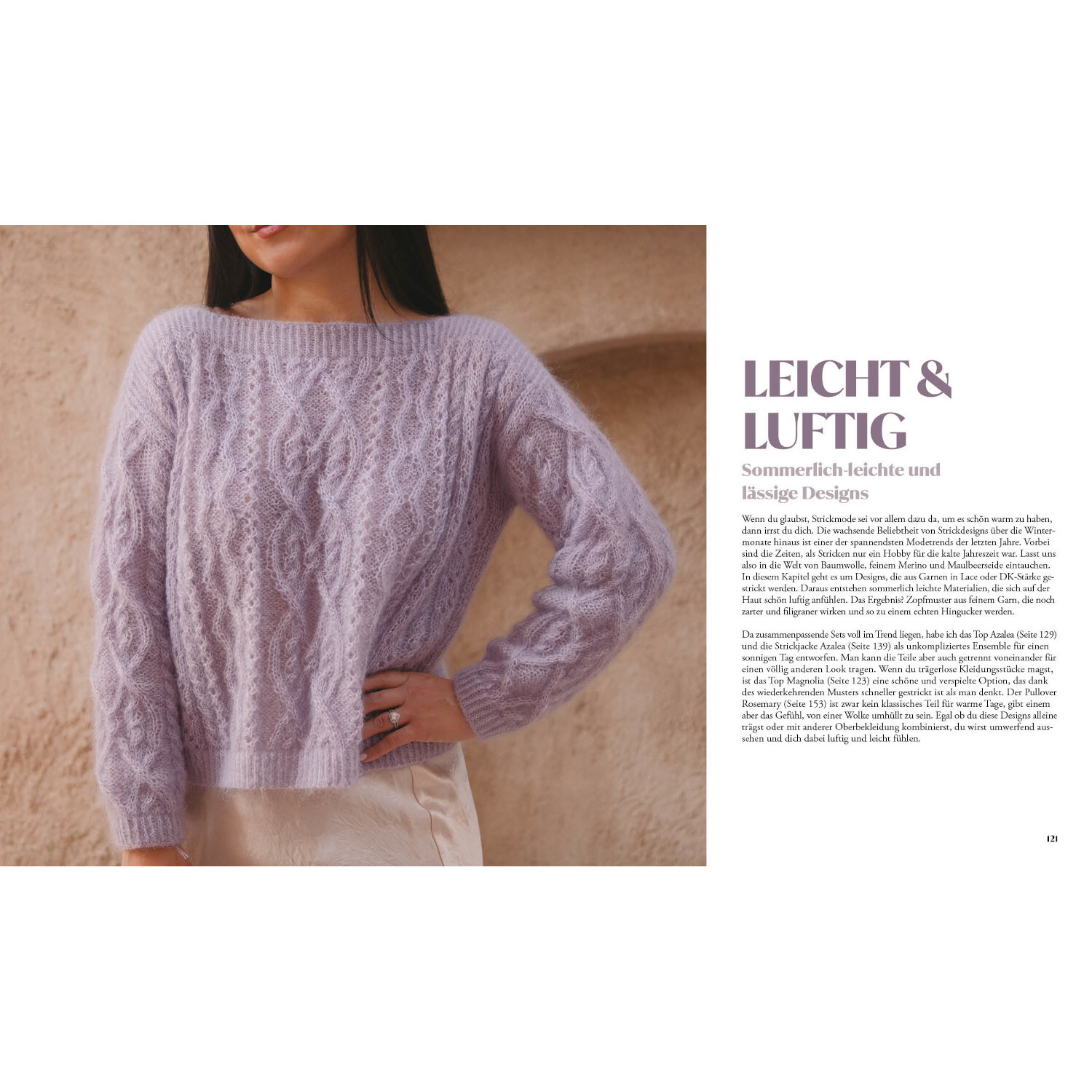 Moderne Zopfmuster stricken von Edition Michael Fischer Moderne Zopfmuster stricken: Frau trägt lila Pullover mit Zopfmuster vor beigem Hintergrund.