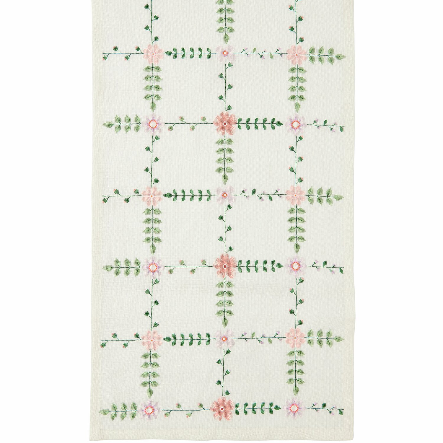 Stickpackung Gezählter Kreuzstich Tischläufer Wiesenblümchen, florales Muster, 42x164cm, zarte Pastelltöne.