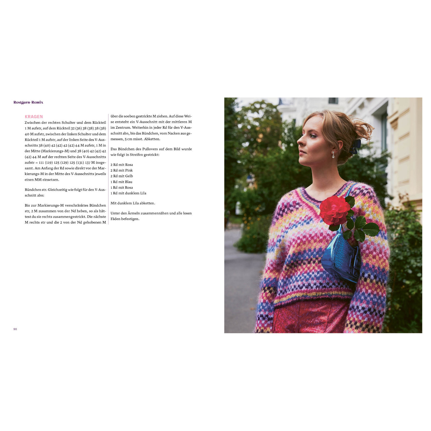 Restgarn-Remix Stricken von Edition Michael Fischer Restgarn-Remix Stricken: Frau in buntem Strickpullover mit Blumenstrauß, draußen stehend.