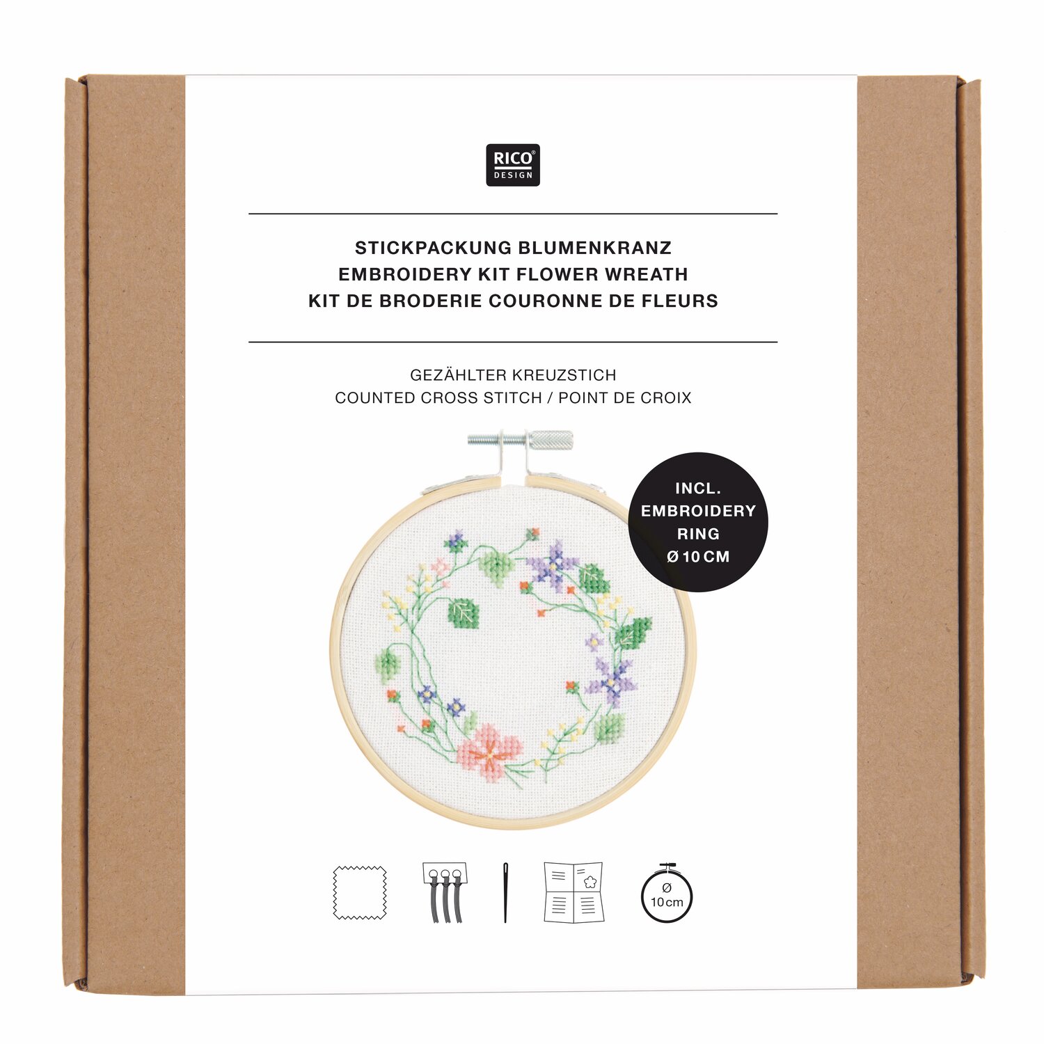 Stickpackung Gezählter Kreuzstich Blumenkranz Ø10cm von Rico Design