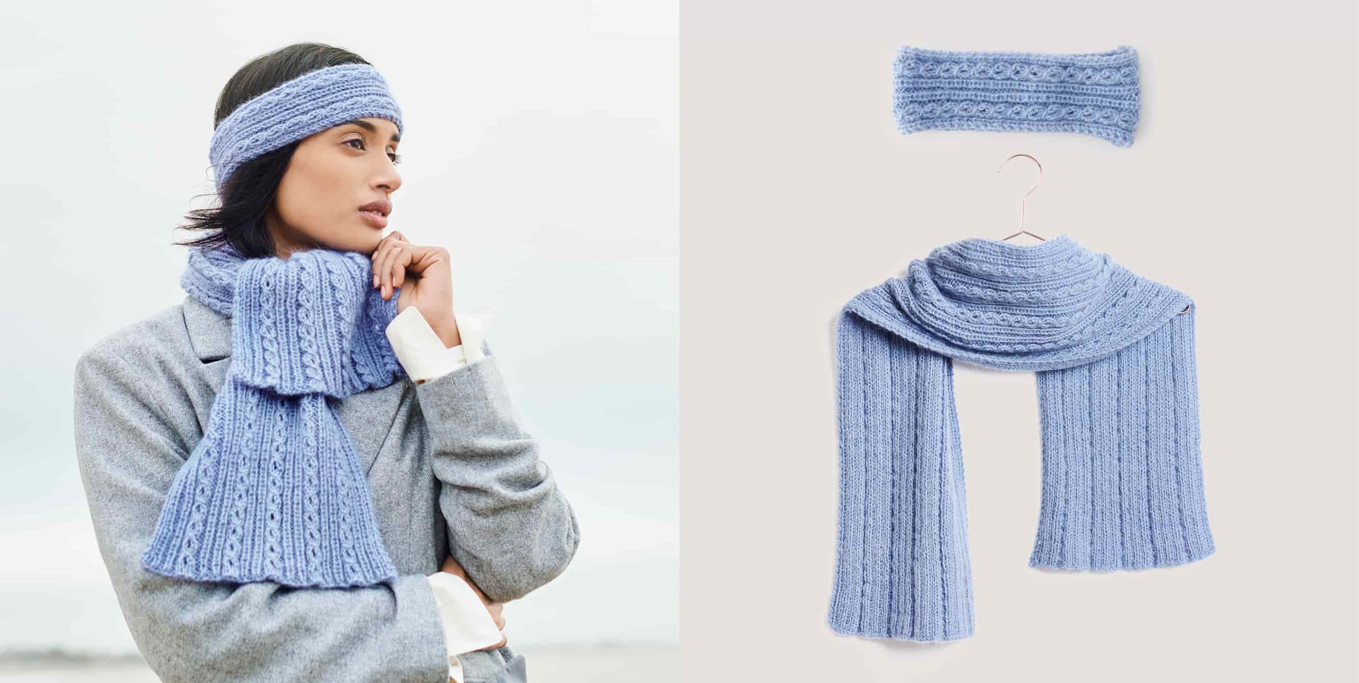 Gestrickter Schal und Stirnband Modell 29 & 30 aus Lovewool No. 21 getragen an weiblichem Model und auf einem Bügel