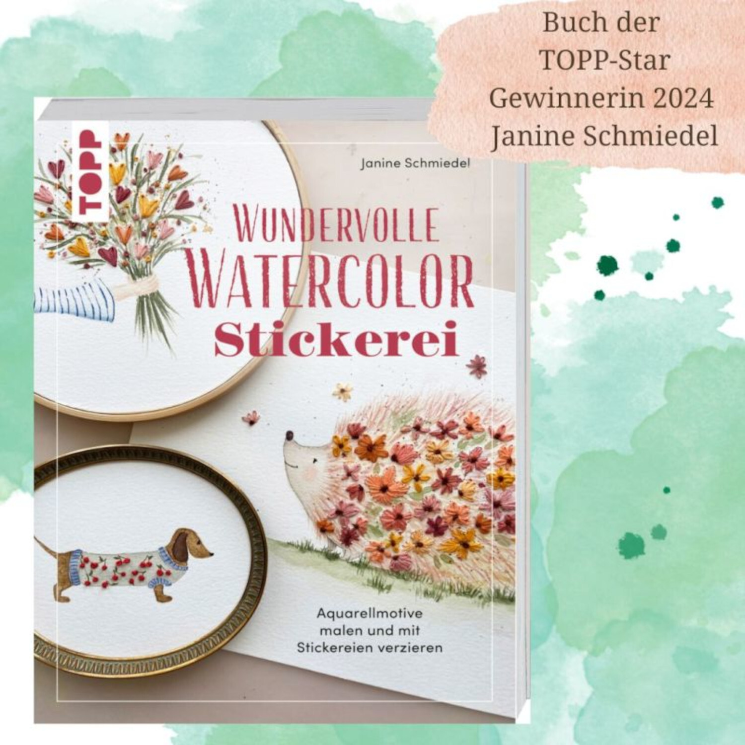Wundervolle Watercolor Stickerei: Buchcover mit floralen Aquarellmotiven und Stickereien.