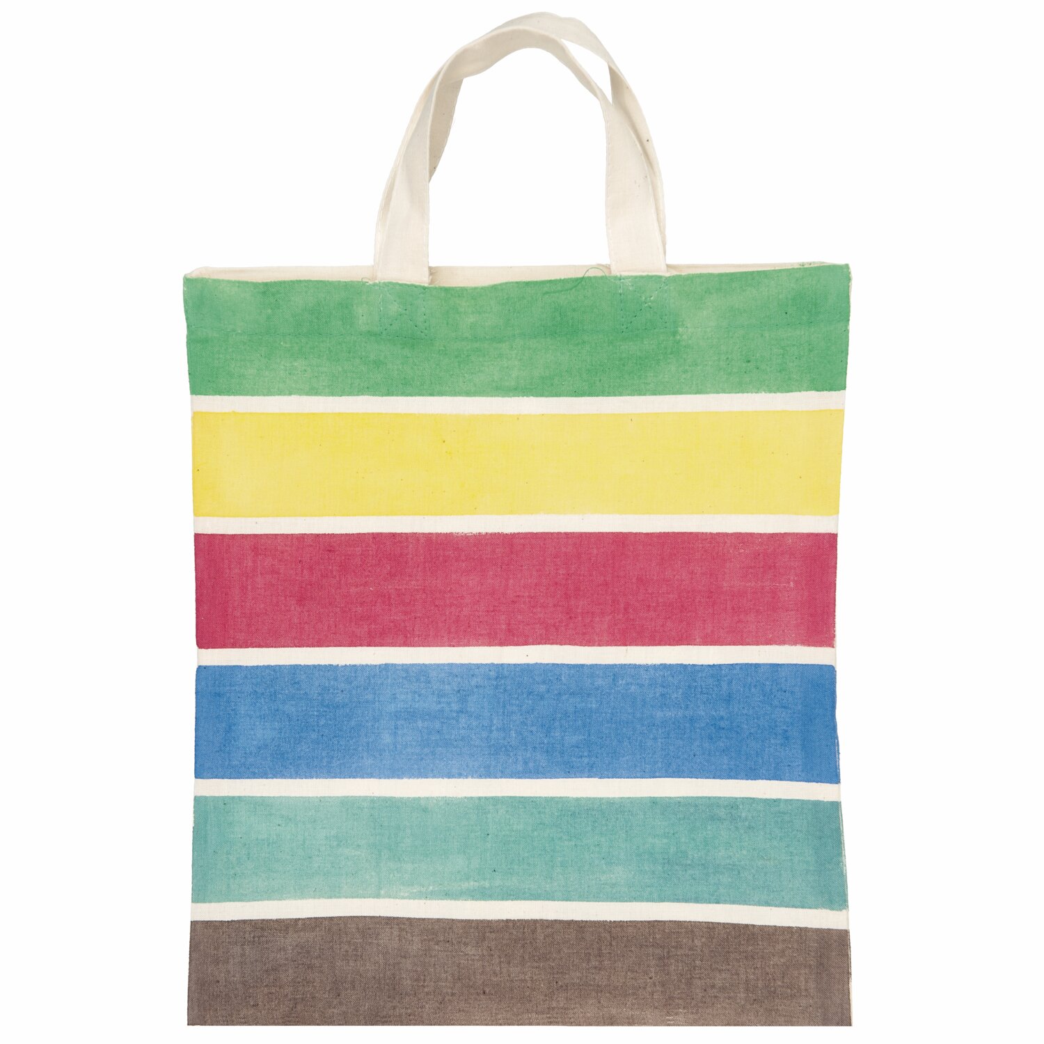 Textilfarben basic 6x40ml von Rico Design Textilfarben basic 6x40ml: Stofftasche mit bunten Streifen in Grün, Gelb, Rot, Blau und Braun.